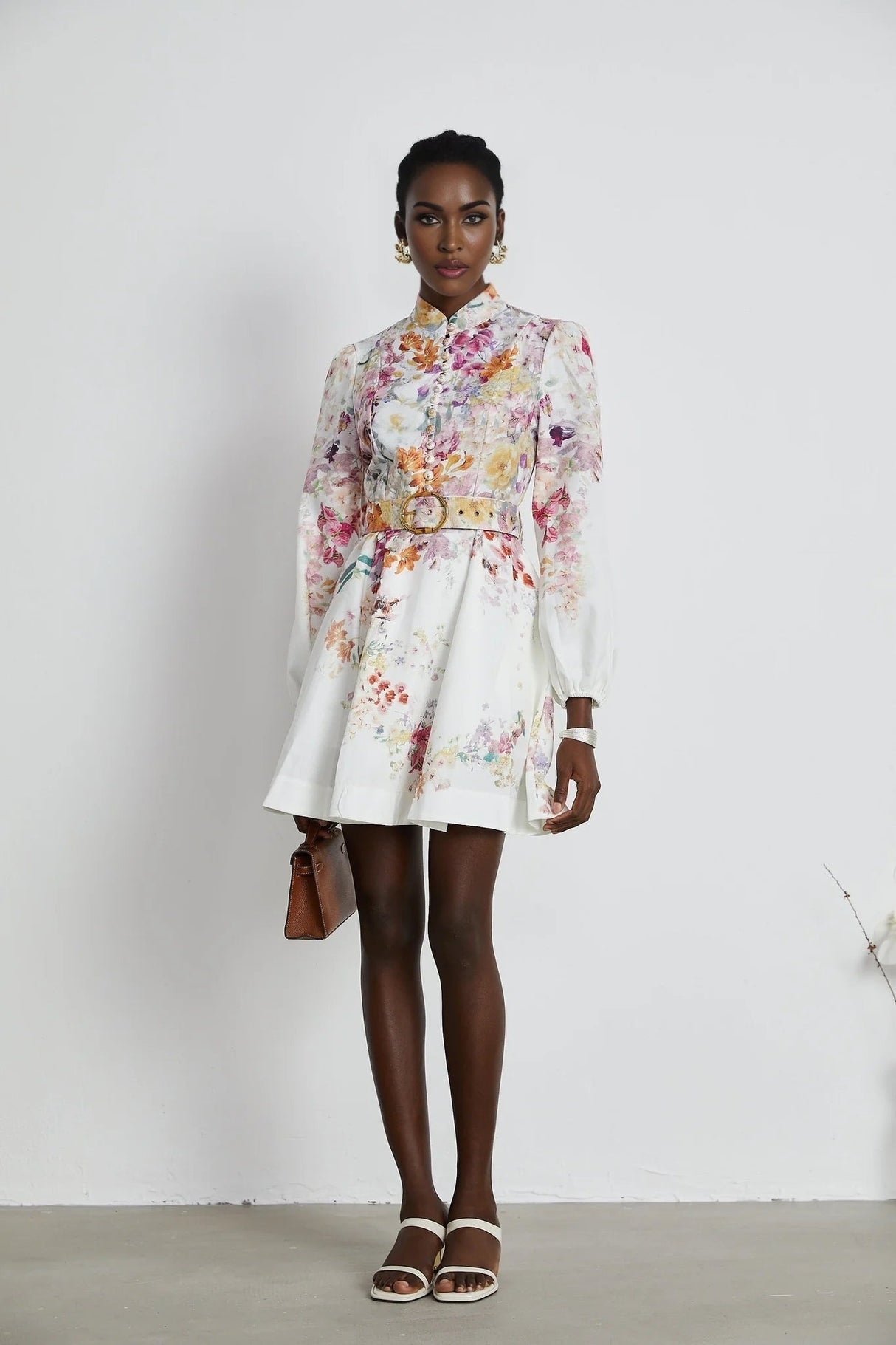 Caterinella Mini Dress White Floral Print Elastic Cuffs & Flared Skirt