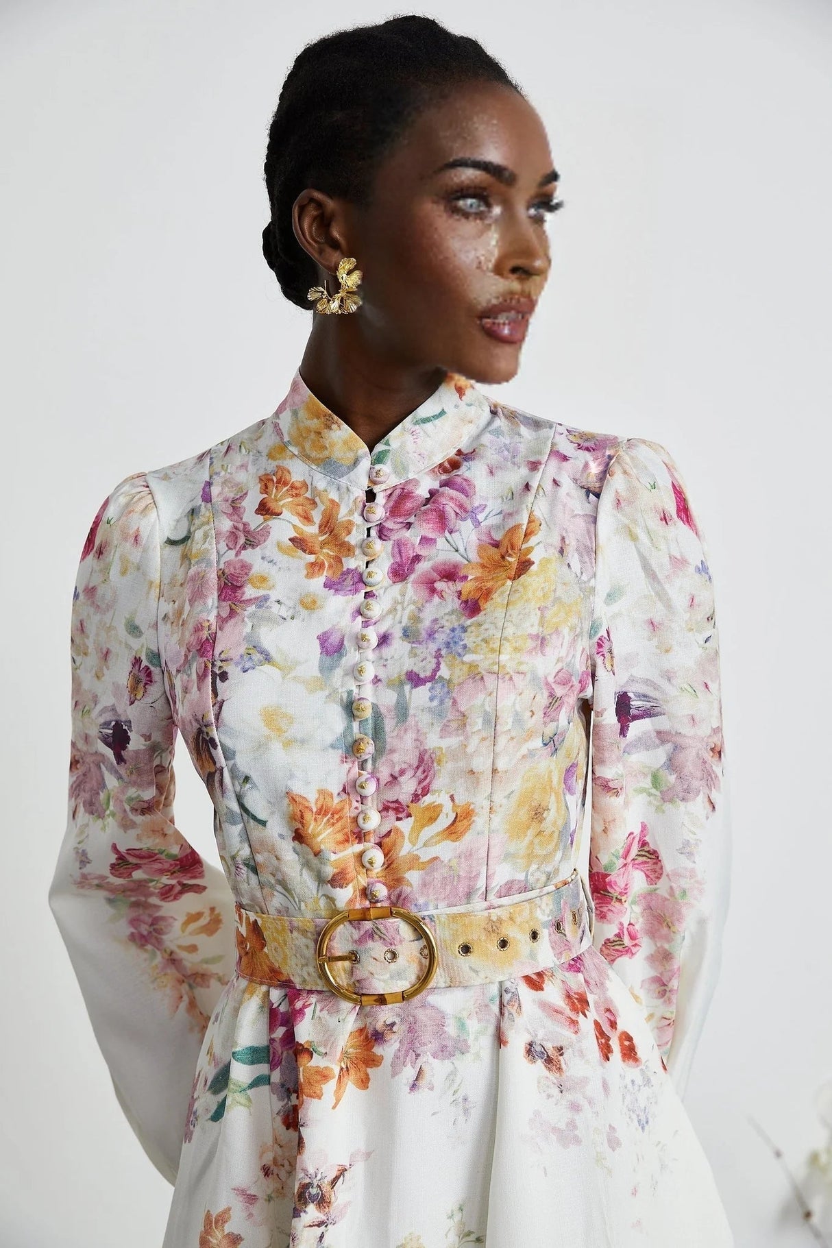 Caterinella Mini Dress White Floral Print Elastic Cuffs & Flared Skirt