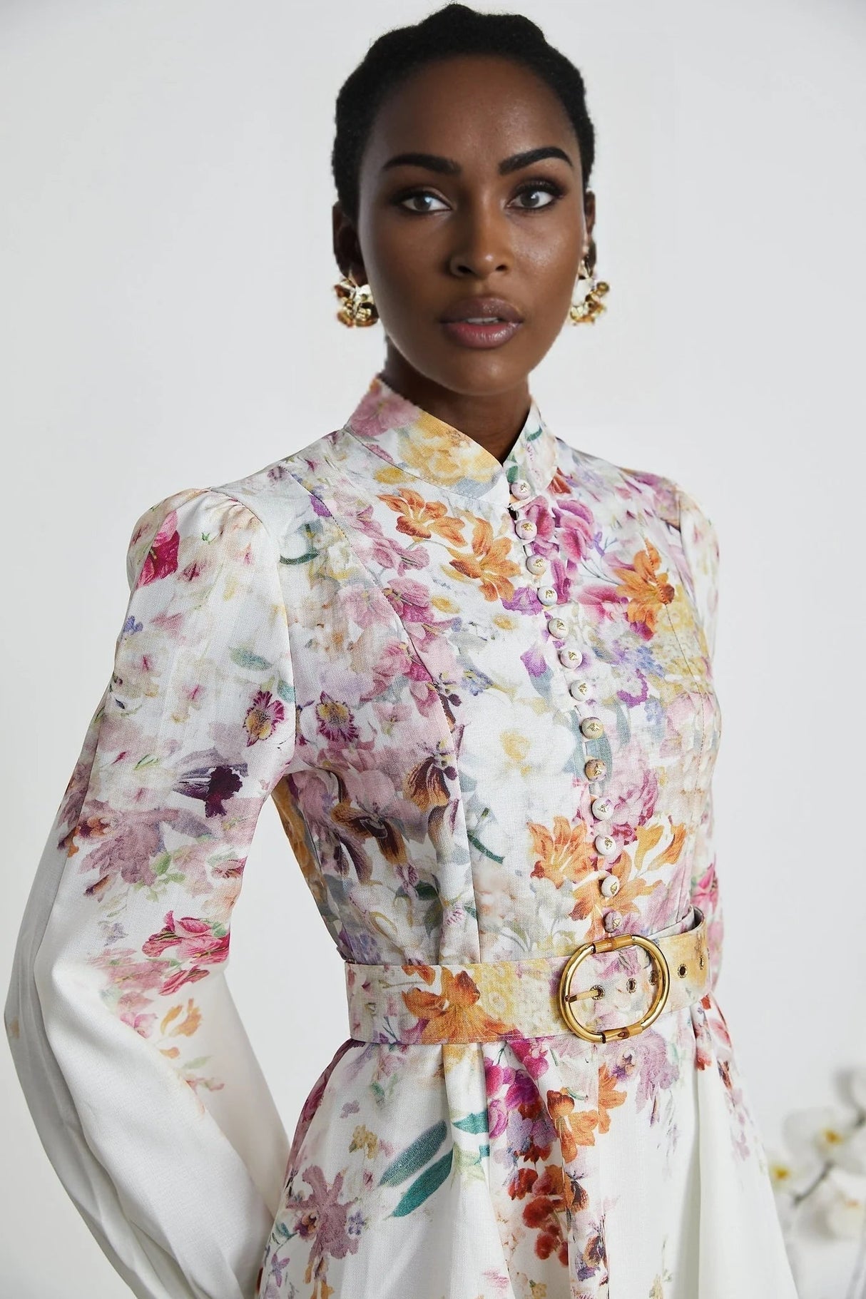 Caterinella Mini Dress White Floral Print Elastic Cuffs & Flared Skirt