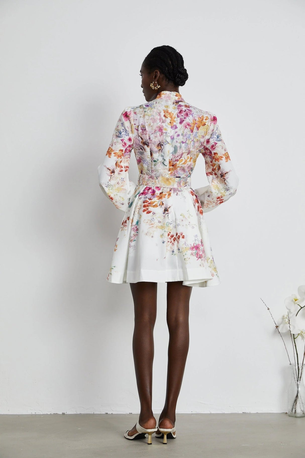 Caterinella Mini Dress White Floral Print Elastic Cuffs & Flared Skirt