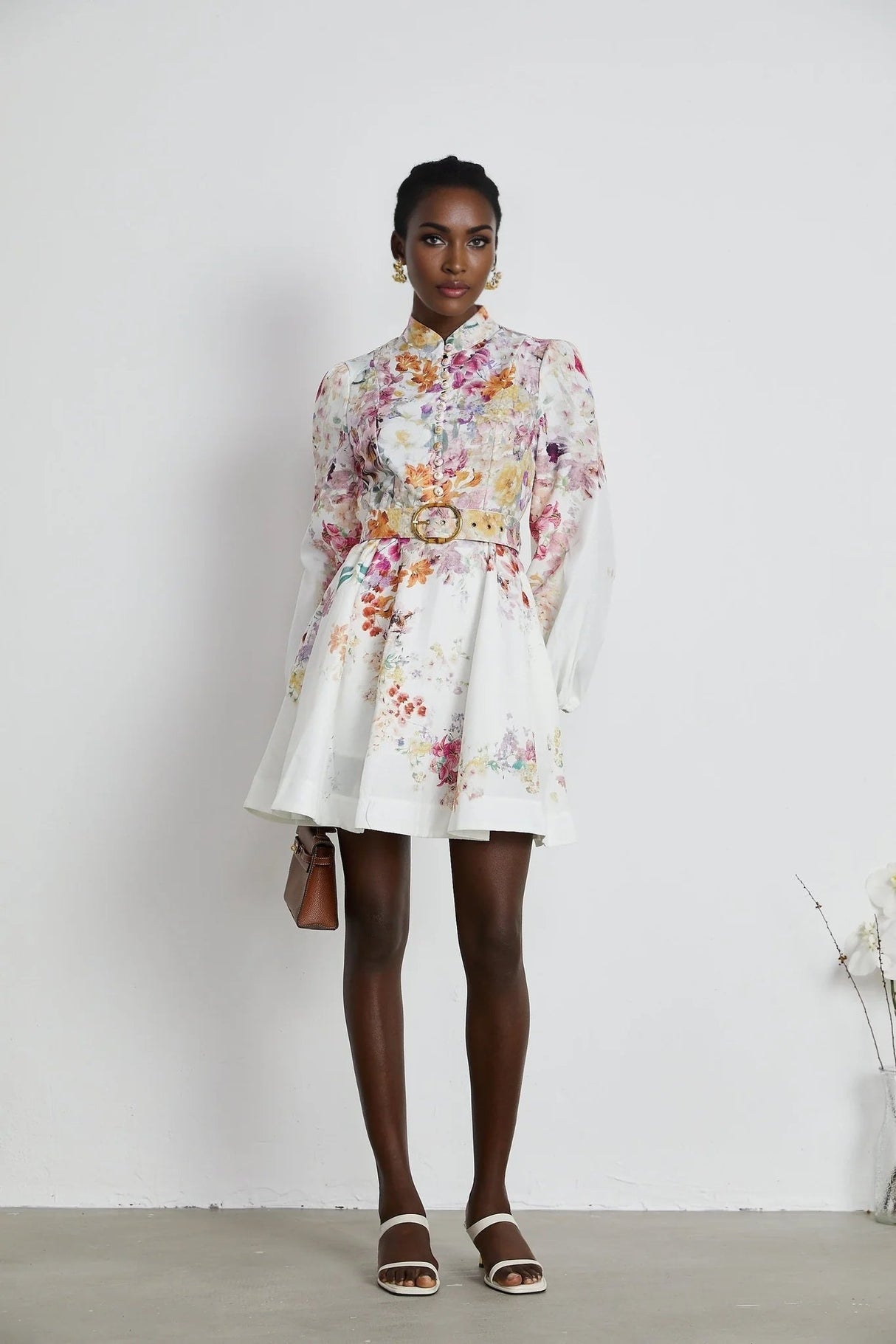 Caterinella Mini Dress White Floral Print Elastic Cuffs & Flared Skirt