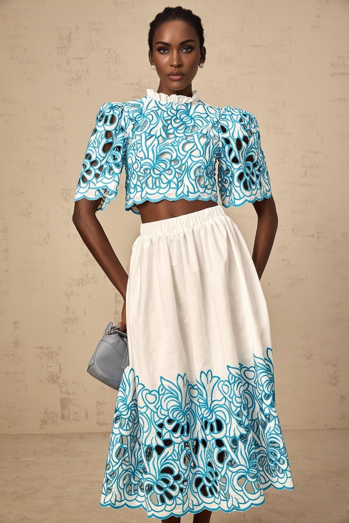 Caterinella Skirt & Top Set - Frilled Neck and Flower Embroidery - Scallop Trim - Elasticated Waistband