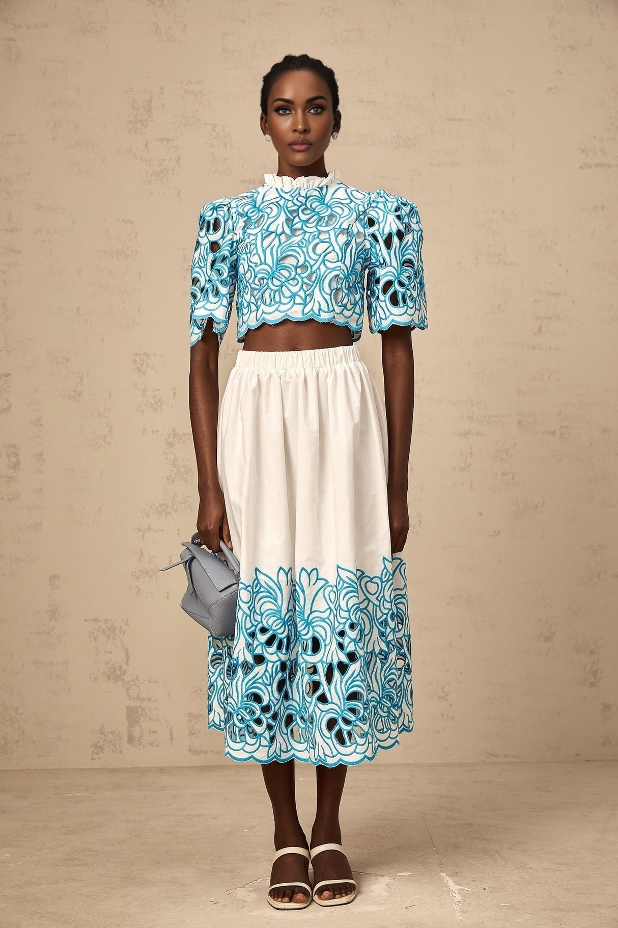 Caterinella Skirt & Top Set - Frilled Neck and Flower Embroidery - Scallop Trim - Elasticated Waistband