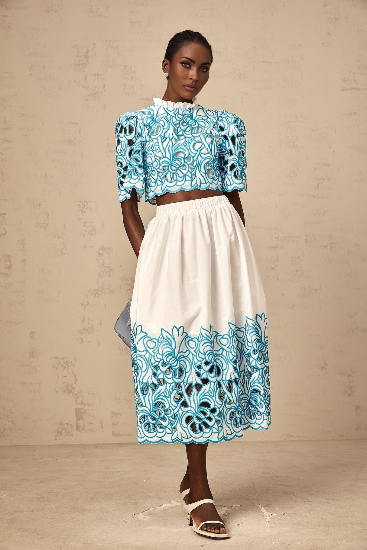 Caterinella Skirt & Top Set - Frilled Neck and Flower Embroidery - Scallop Trim - Elasticated Waistband