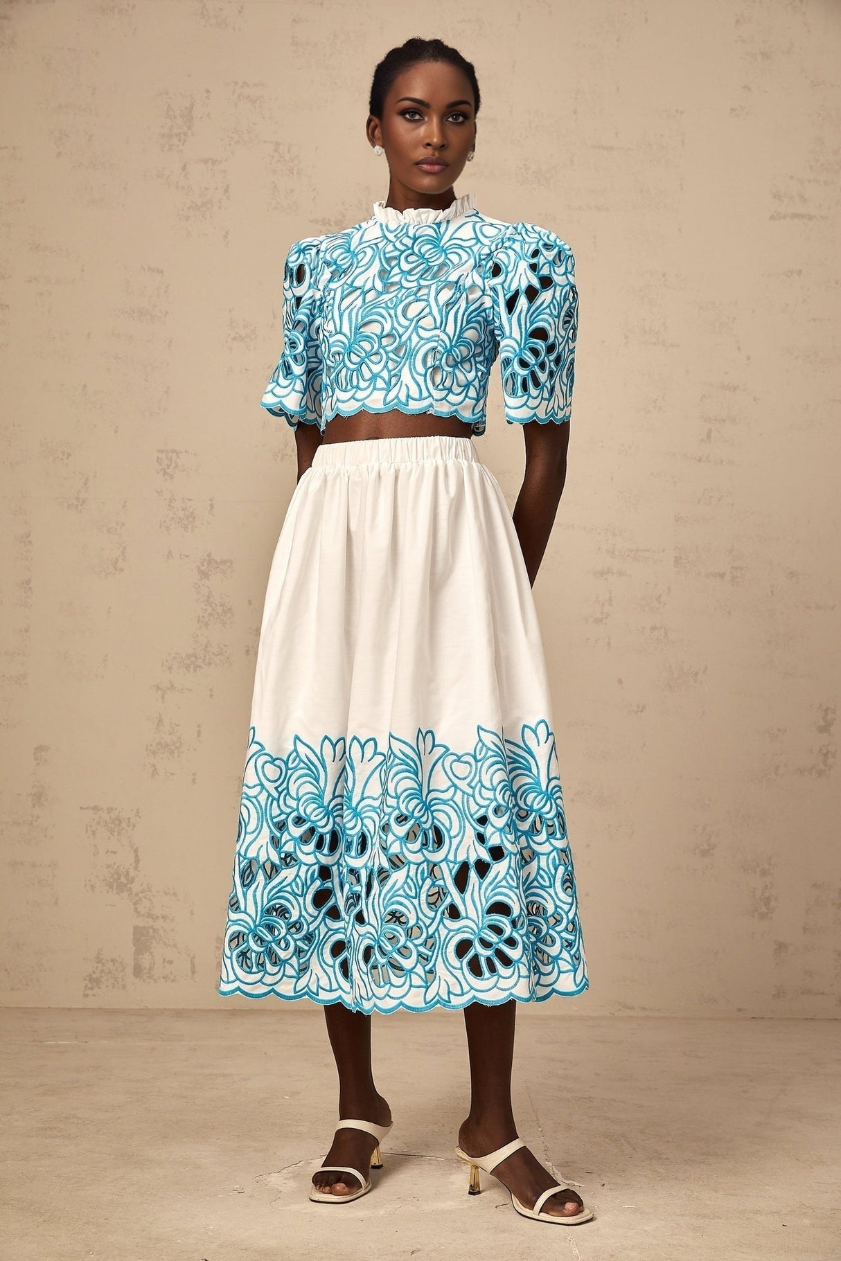 Caterinella Skirt & Top Set - Frilled Neck and Flower Embroidery - Scallop Trim - Elasticated Waistband
