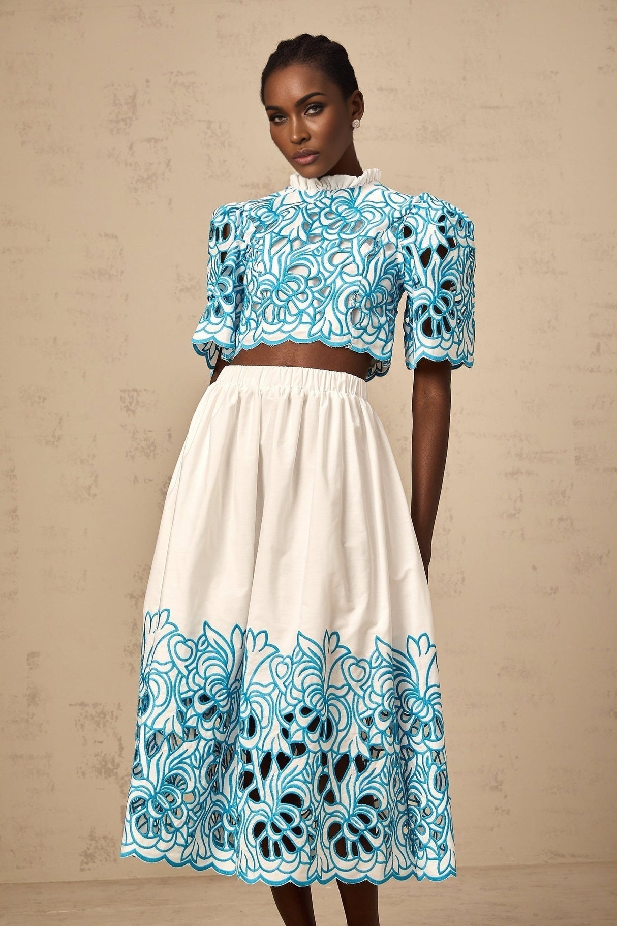 Caterinella Skirt & Top Set - Frilled Neck and Flower Embroidery - Scallop Trim - Elasticated Waistband