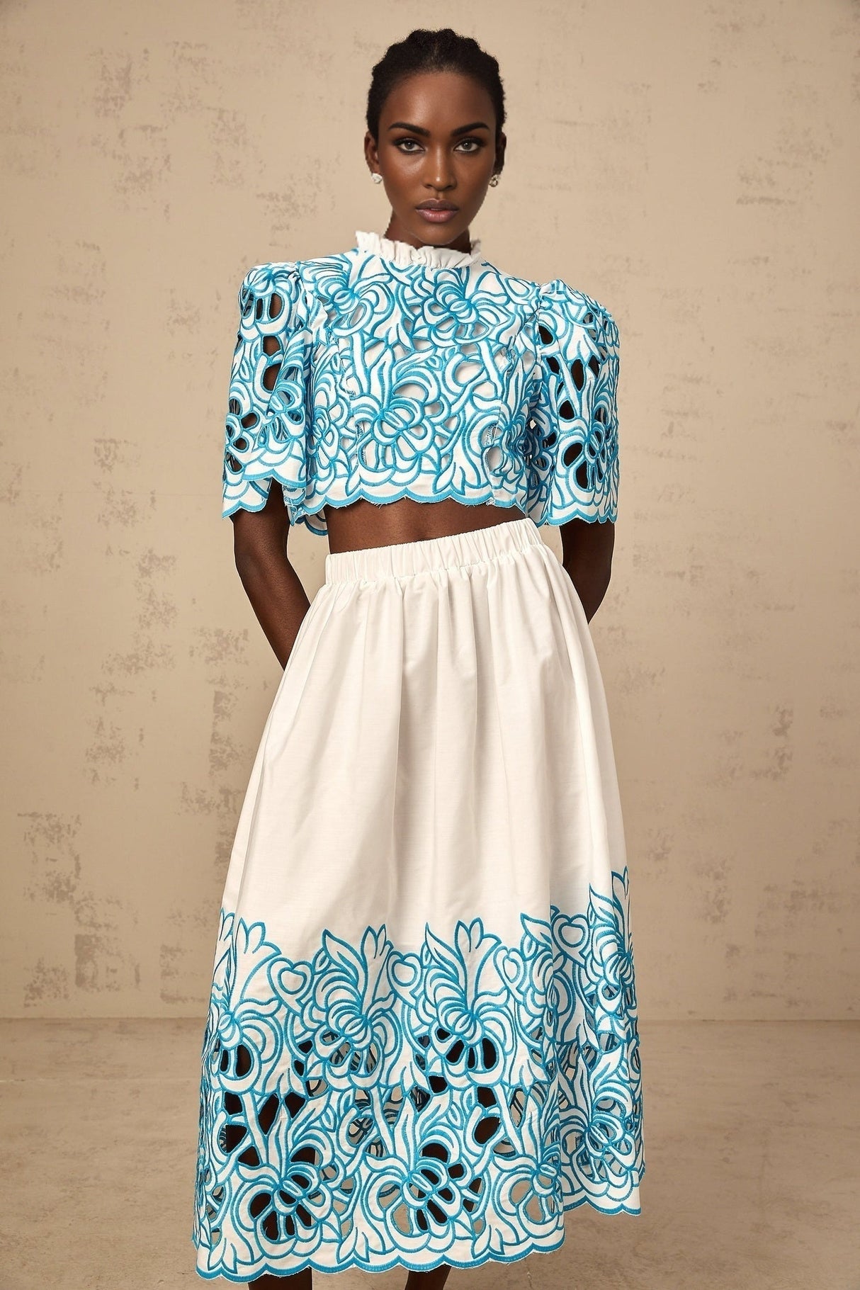 Caterinella Skirt & Top Set - Frilled Neck and Flower Embroidery - Scallop Trim - Elasticated Waistband