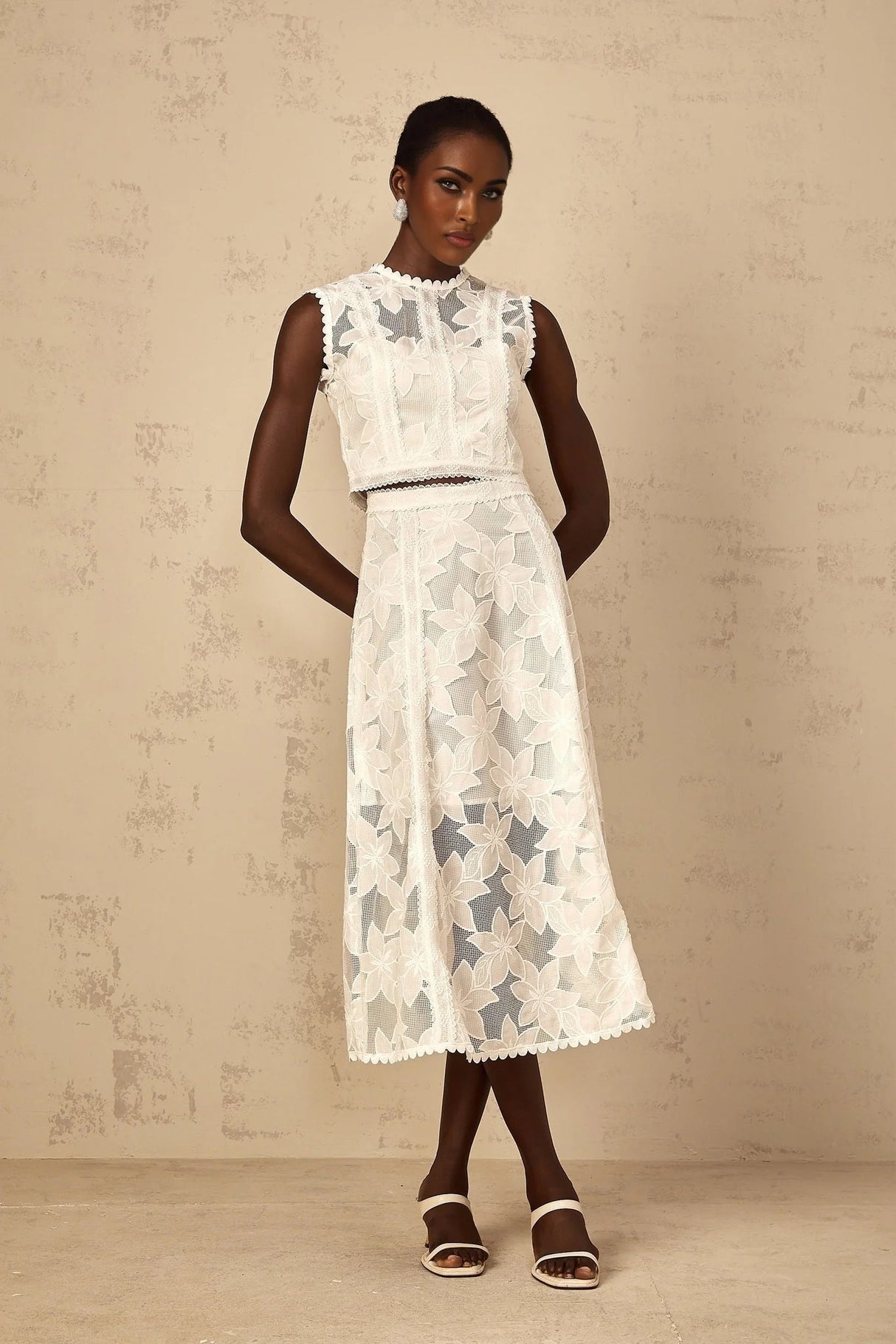 Caterinella Top & Skirt Set White Floral Embroidered Scallop Hem