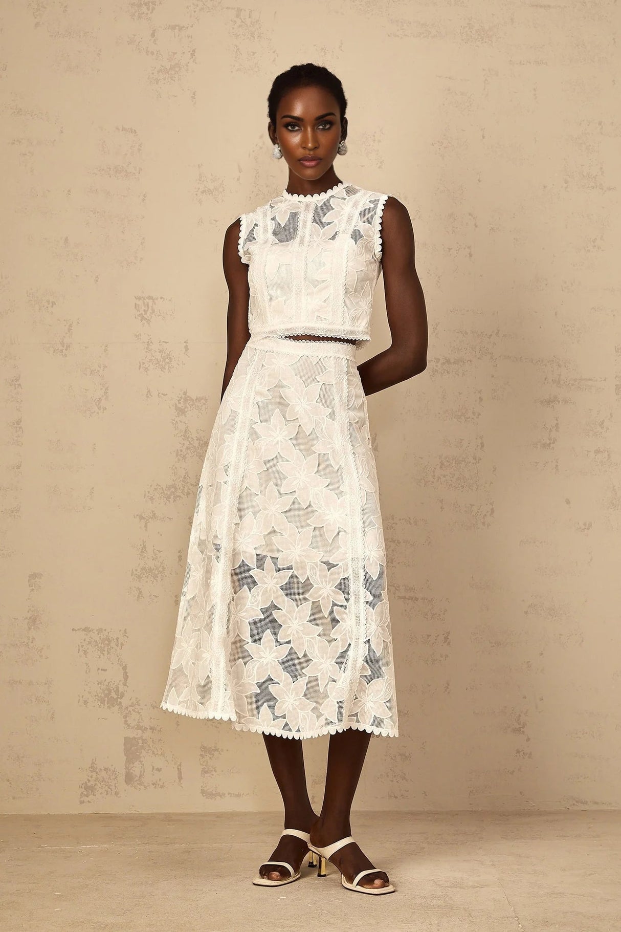 Caterinella Top & Skirt Set White Floral Embroidered Scallop Hem