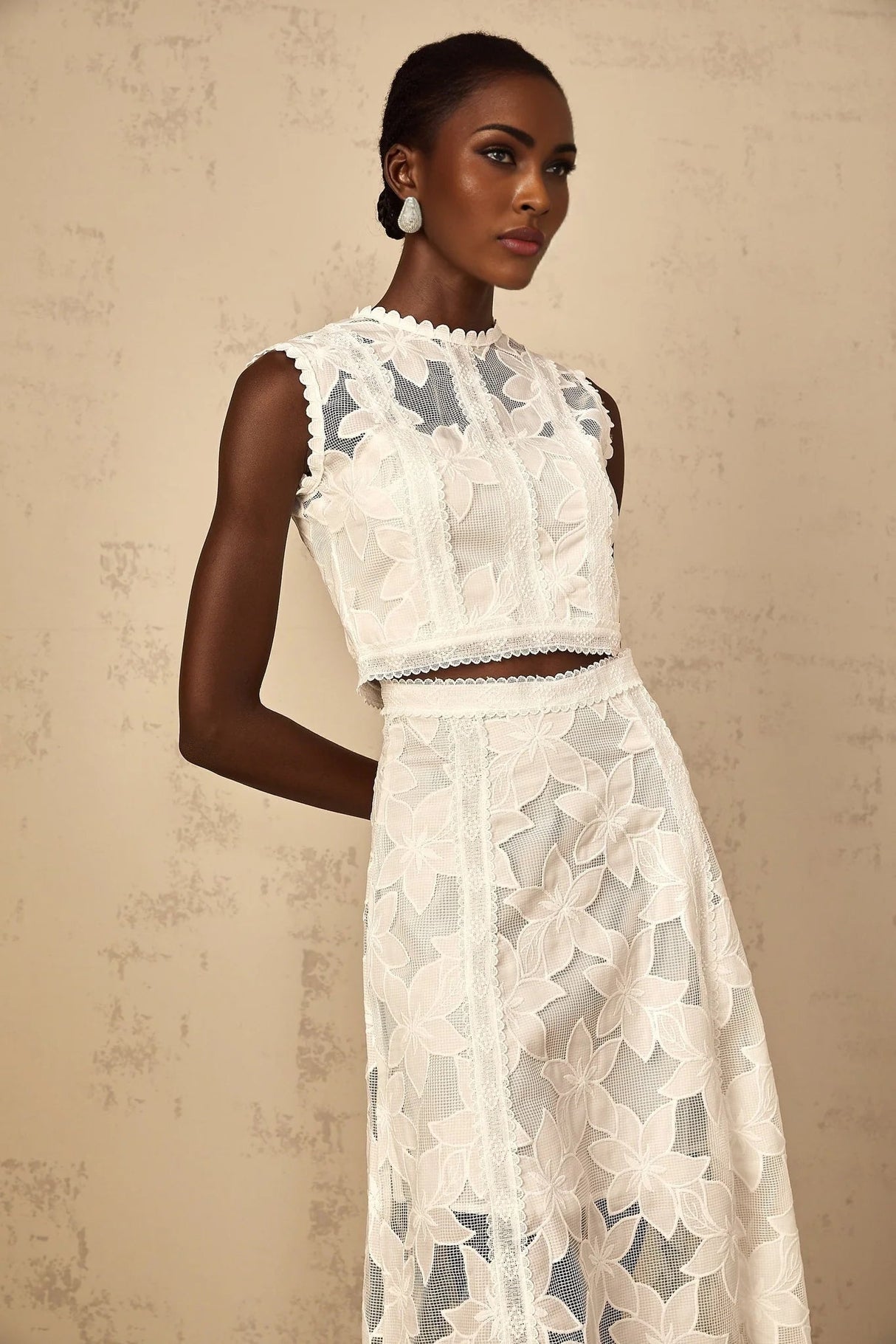 Caterinella Top & Skirt Set White Floral Embroidered Scallop Hem