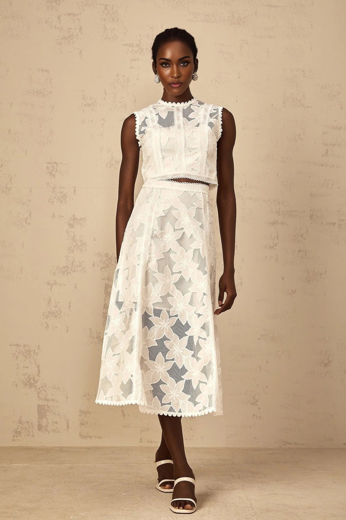 Caterinella Top & Skirt Set White Floral Embroidered Scallop Hem