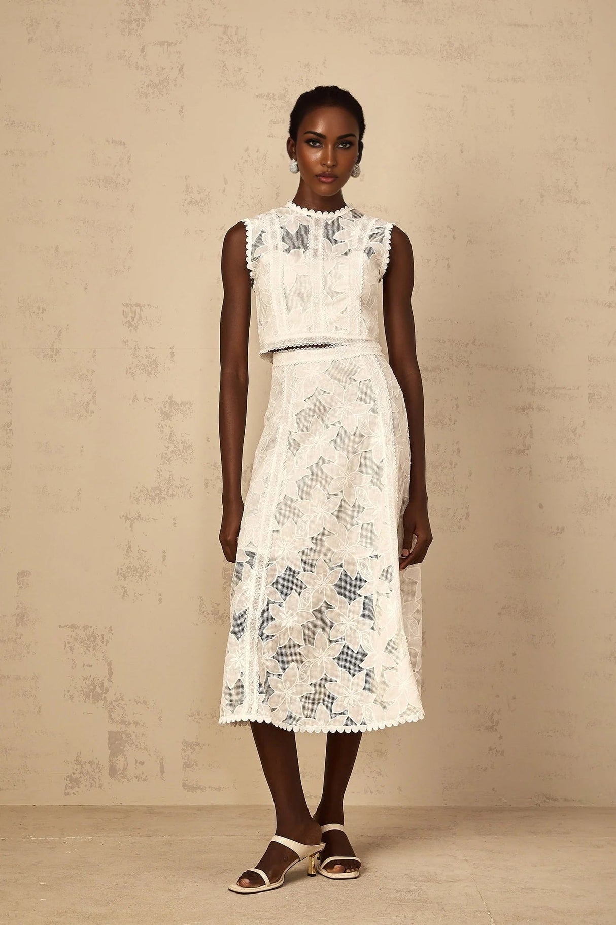 Caterinella Top & Skirt Set White Floral Embroidered Scallop Hem