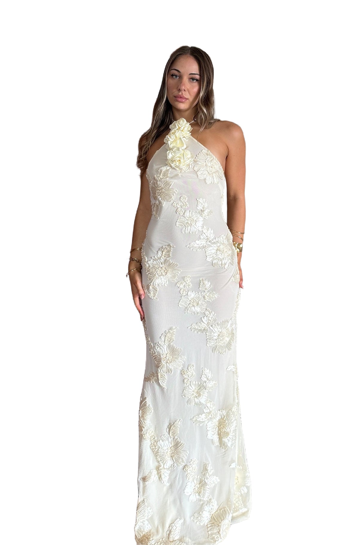 Caterinella White Floral Embroidered Halter Neckline Dress for Special Occasions