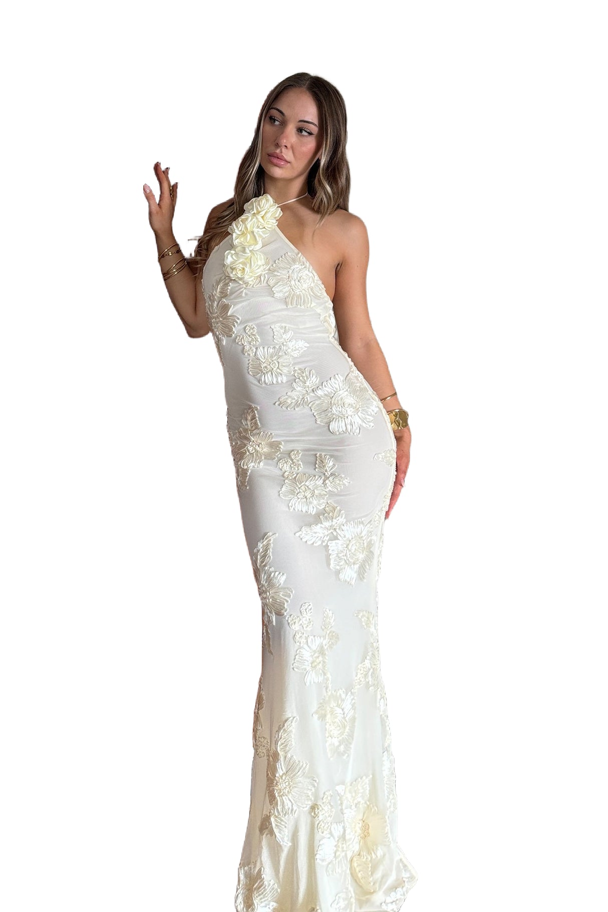 Caterinella White Floral Embroidered Halter Neckline Dress