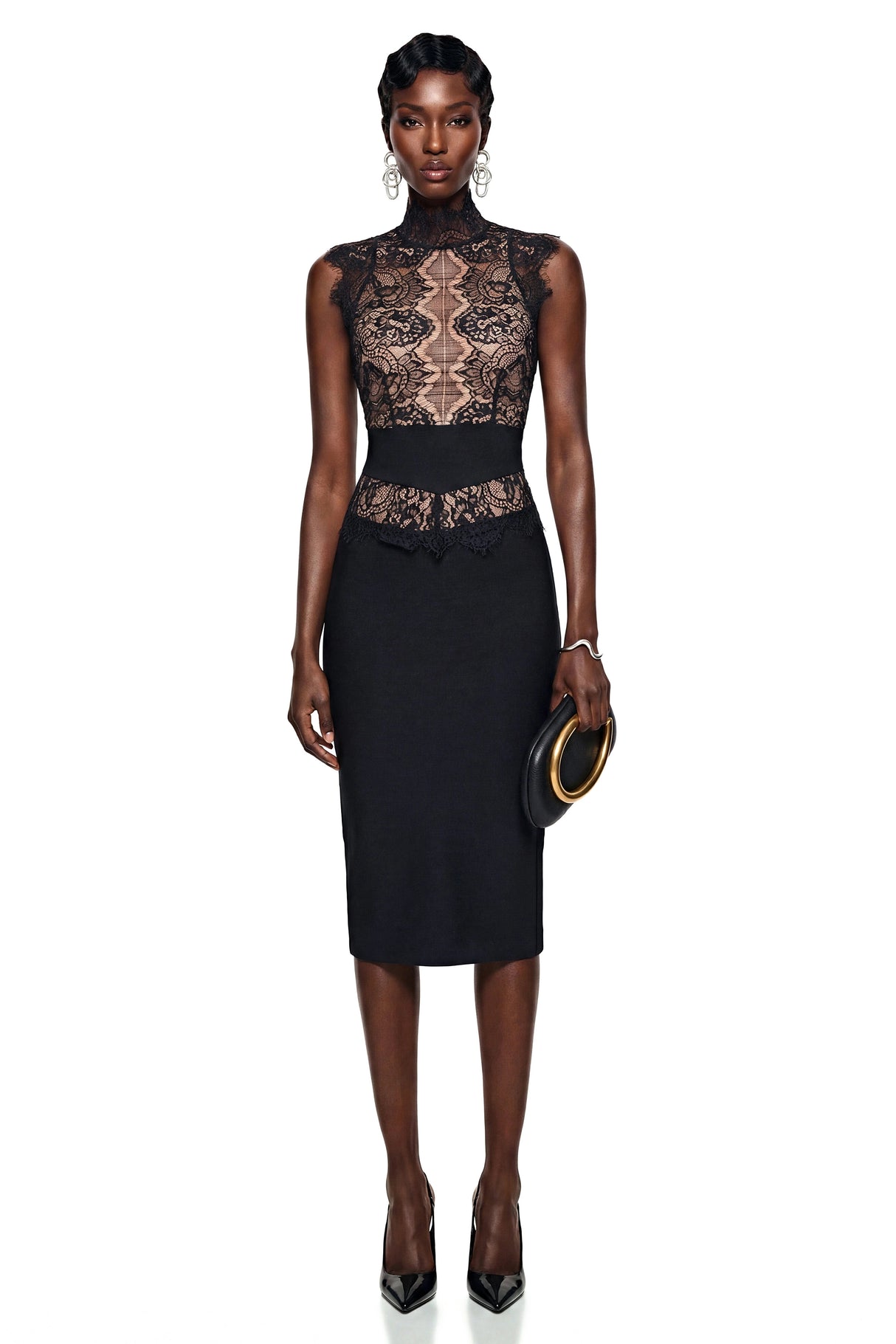 Catherine Black Mock Neck Floral Lace Midi Dress