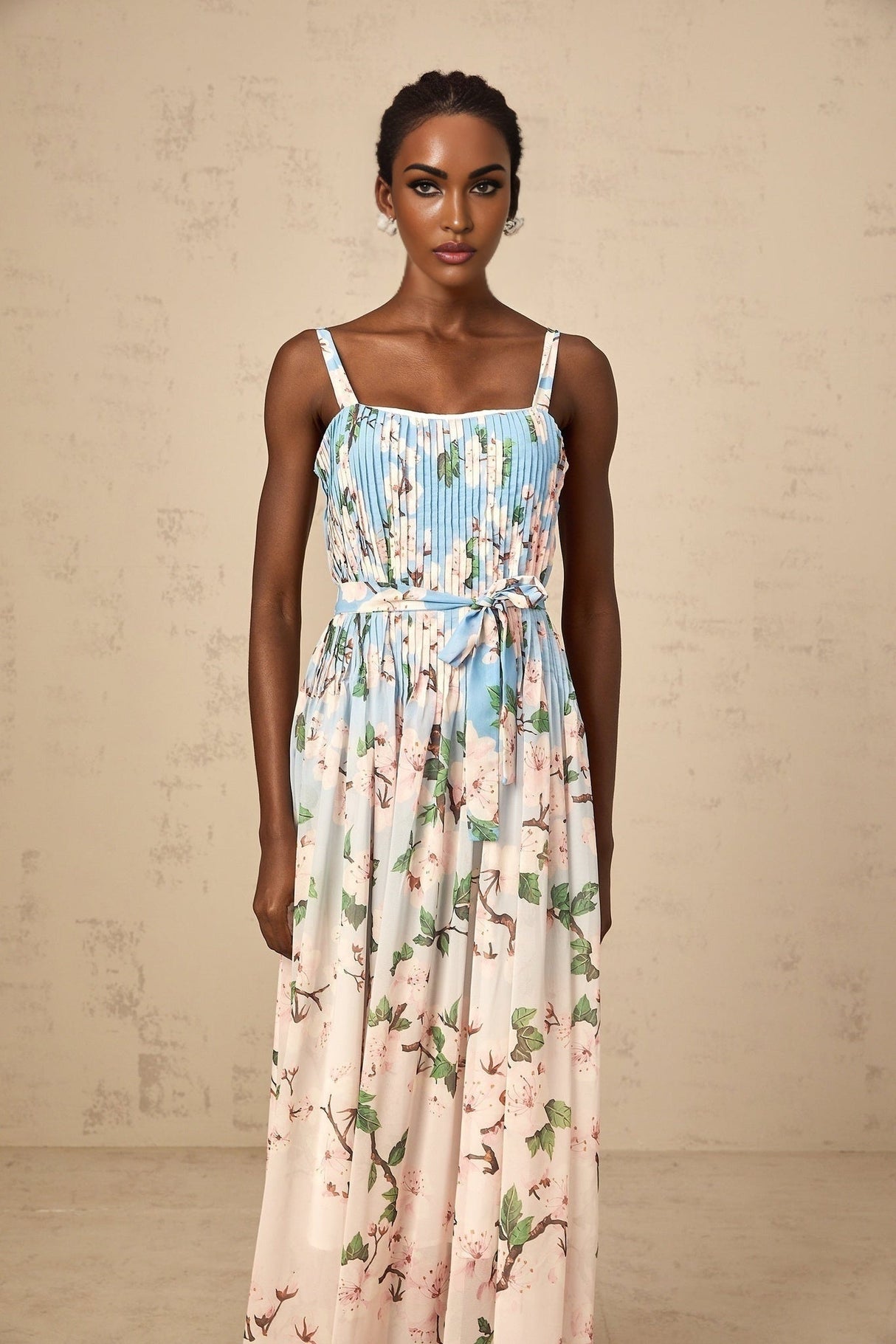 Catherine Floral Maxi Dress - Thin Straps - Sleeveless - Pressed Crease Detail - Tied Waist