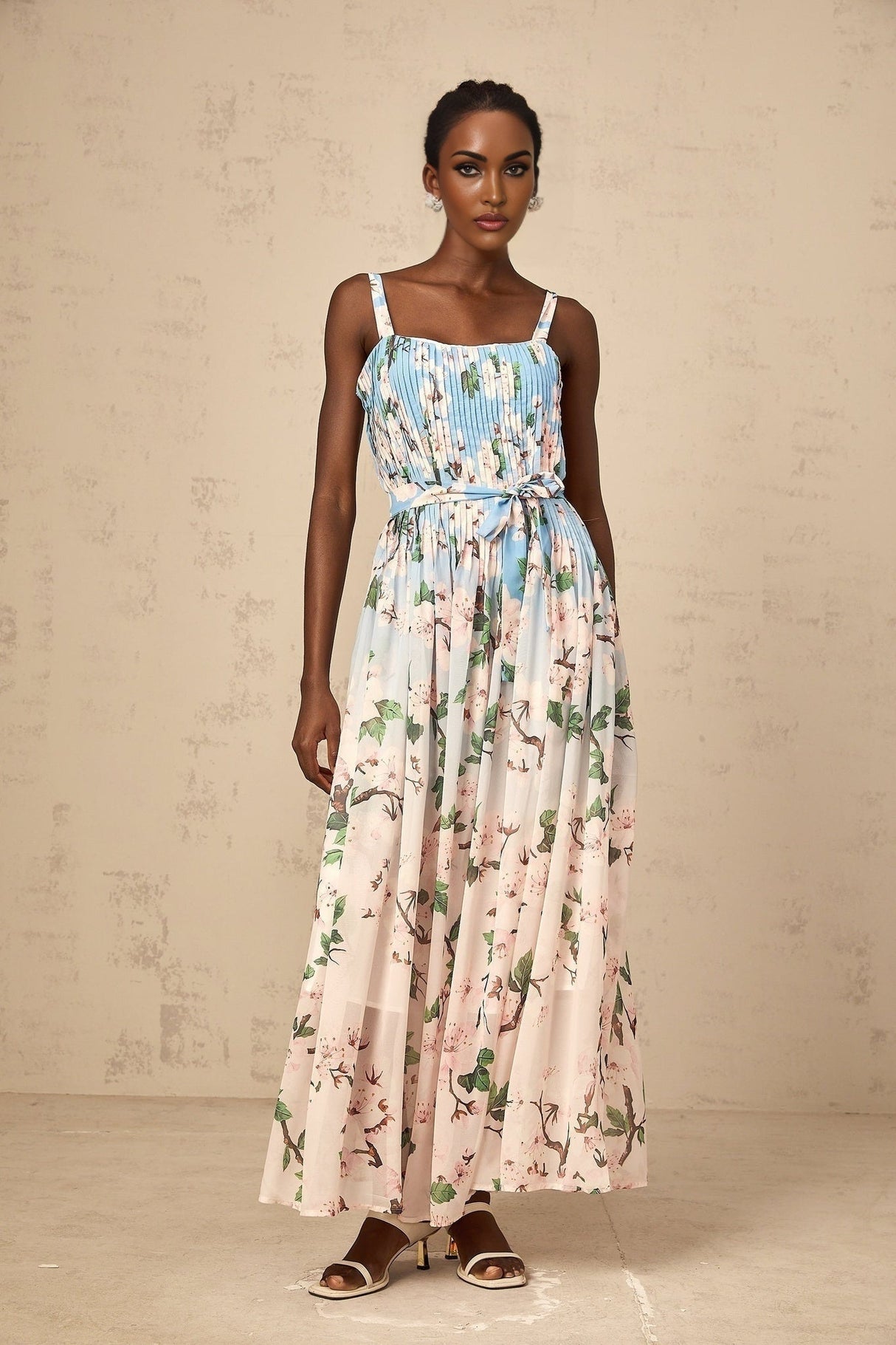 Catherine Floral Maxi Dress - Thin Straps - Sleeveless - Pressed Crease Detail - Tied Waist