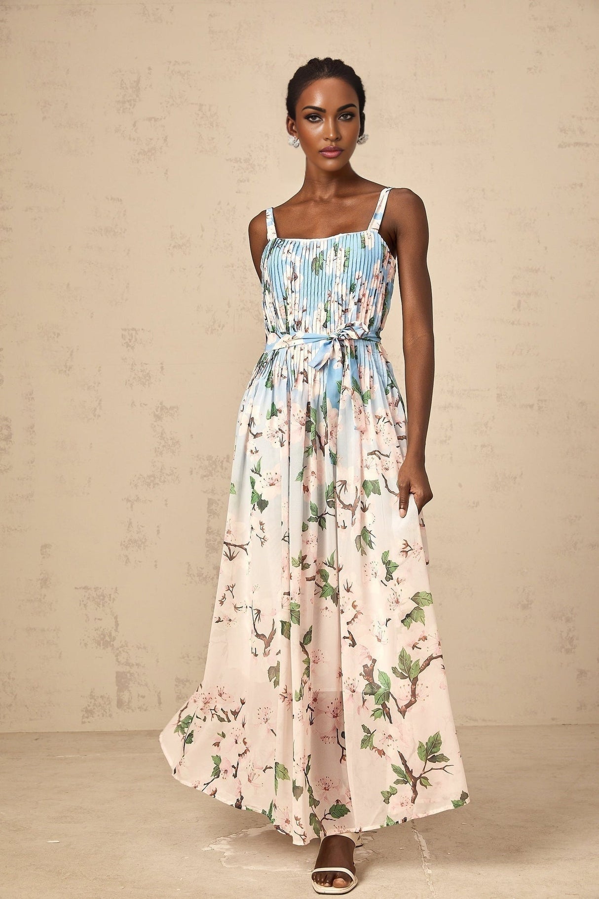Catherine Floral Maxi Dress - Thin Straps - Sleeveless - Pressed Crease Detail - Tied Waist