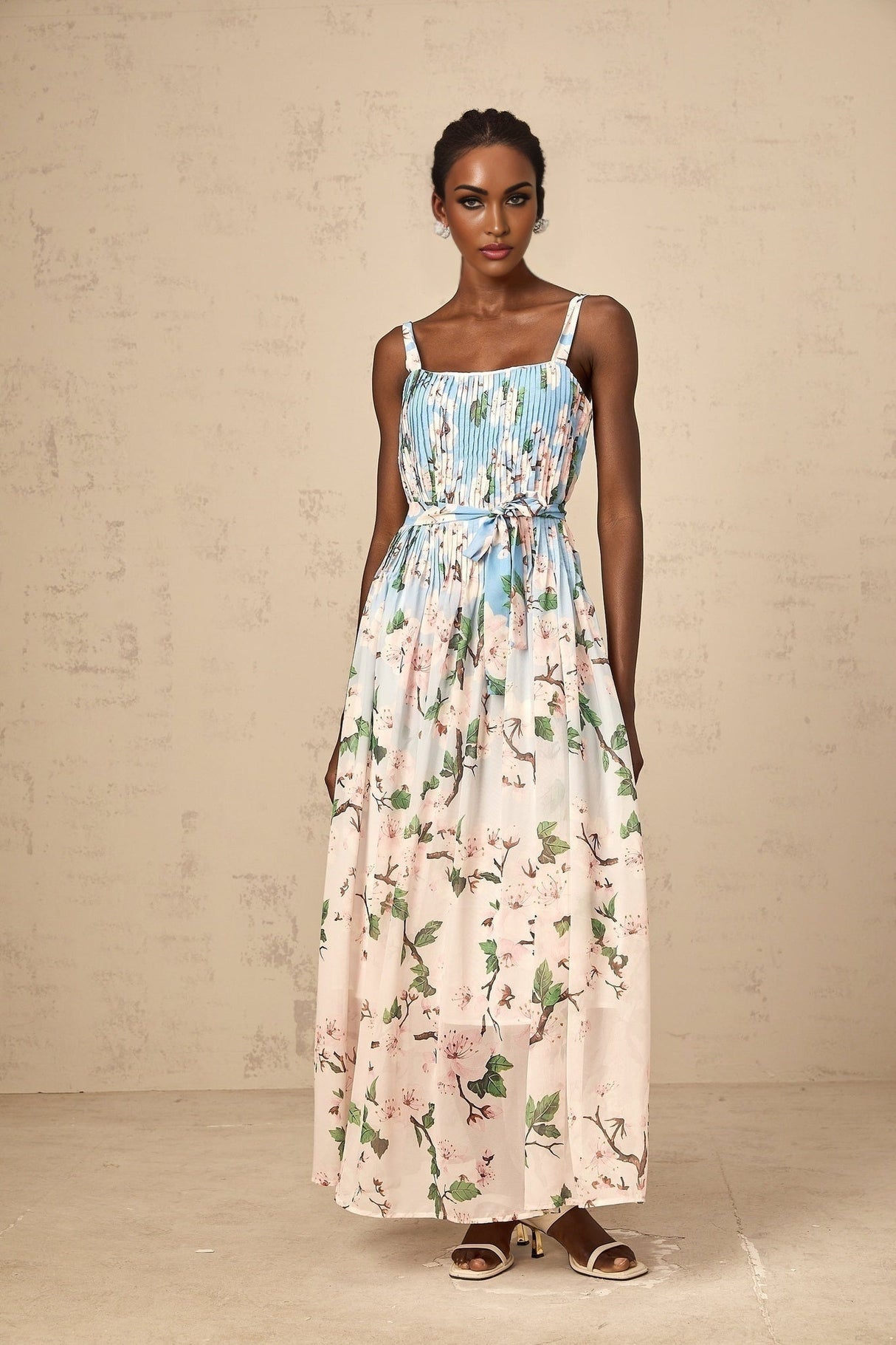Catherine Floral Maxi Dress - Thin Straps - Sleeveless - Pressed Crease Detail - Tied Waist