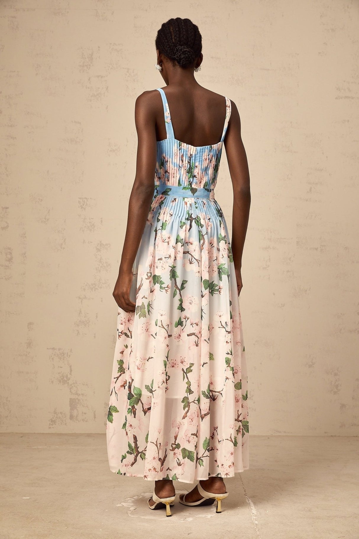 Catherine Floral Maxi Dress - Thin Straps - Sleeveless - Pressed Crease Detail - Tied Waist