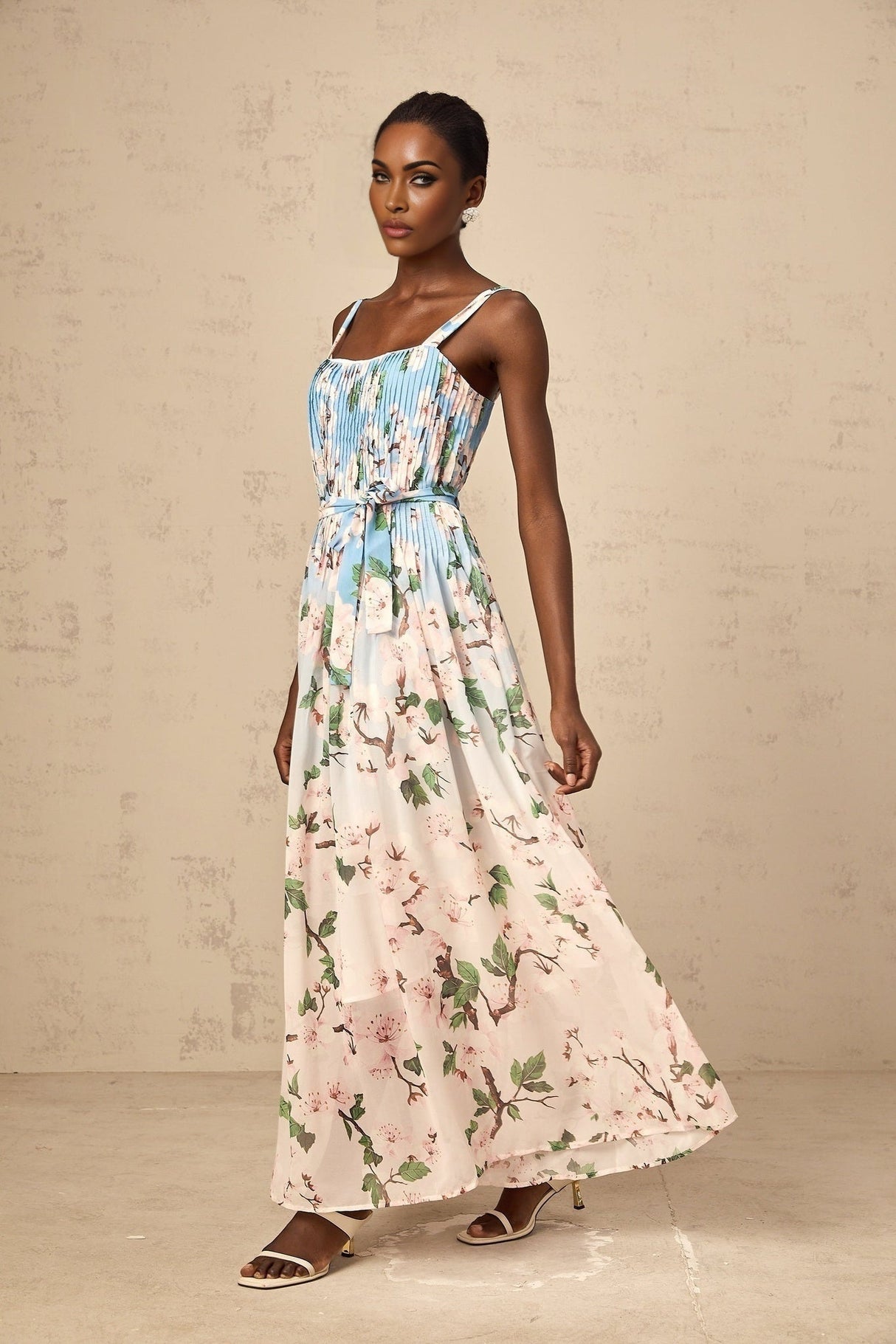 Catherine Floral Maxi Dress - Thin Straps - Sleeveless - Pressed Crease Detail - Tied Waist