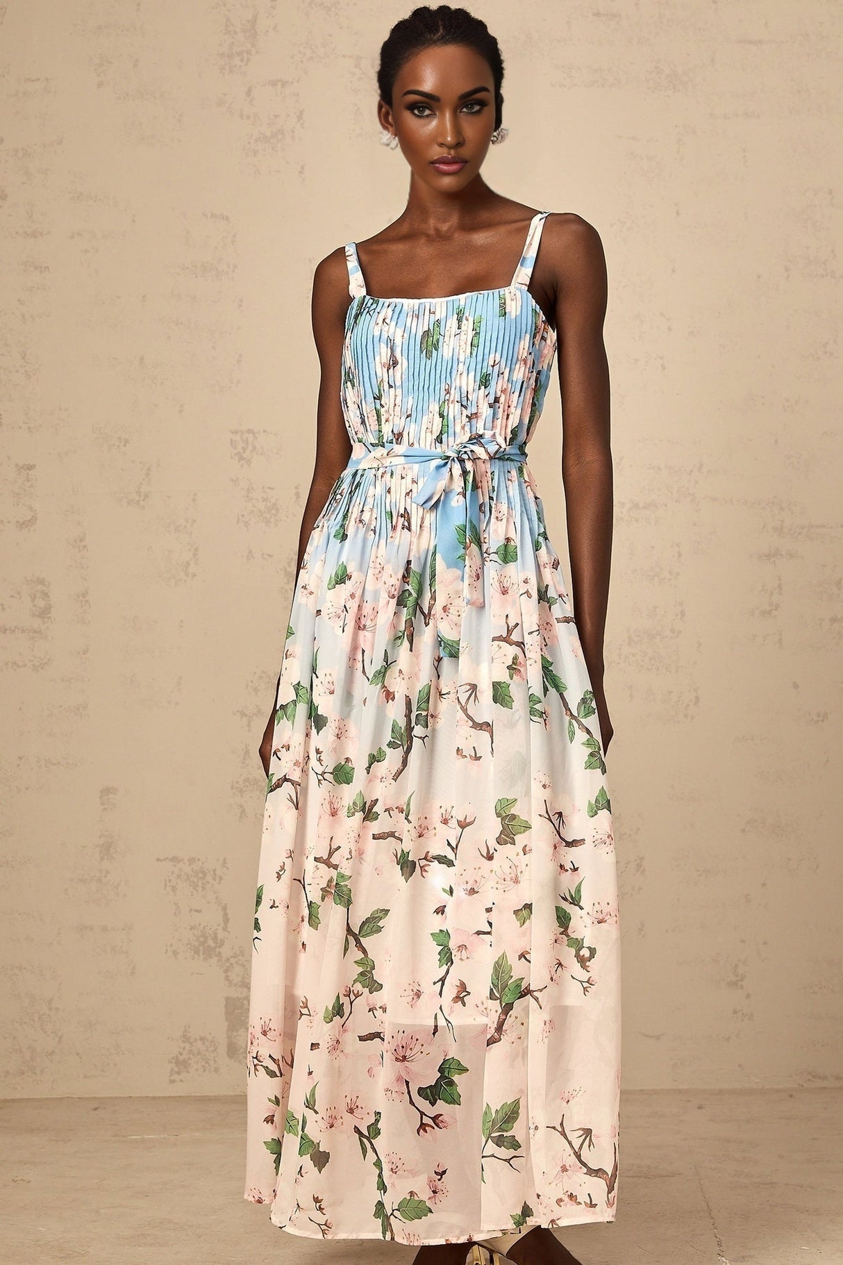 Catherine Floral Maxi Dress - Thin Straps - Sleeveless - Pressed Crease Detail - Tied Waist