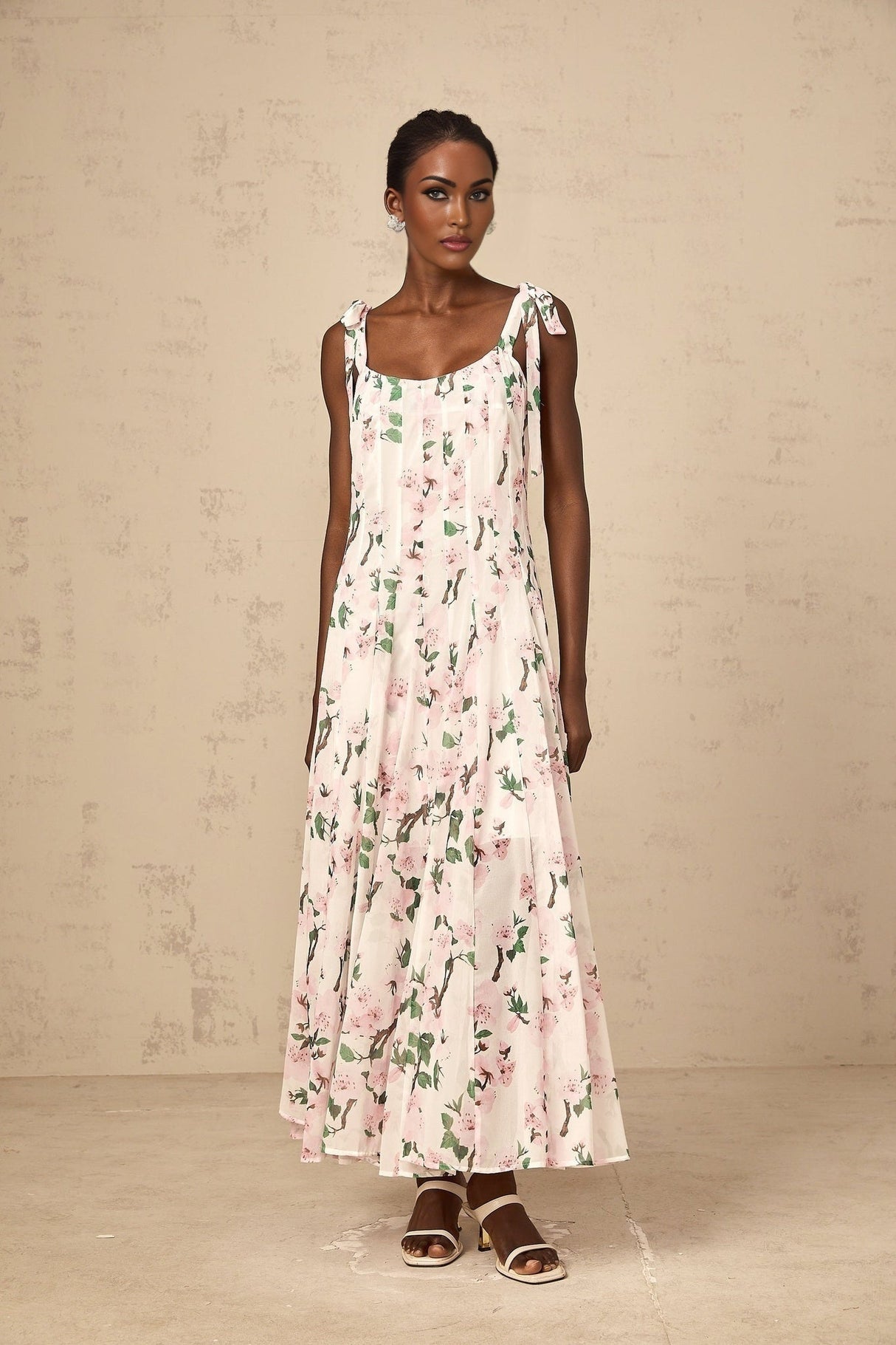 Catherine Floral Maxi Dress - Tie - Fastening Straps - Square Neck - Pleated Design - Cinched Waist