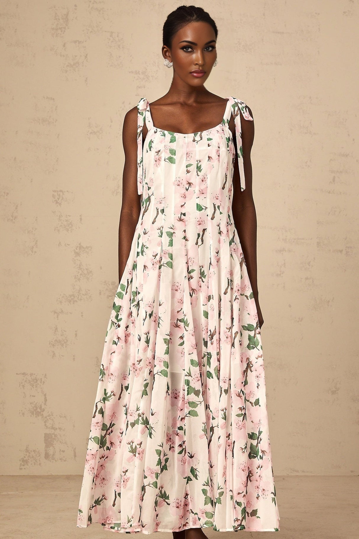 Catherine Floral Maxi Dress - Tie - Fastening Straps - Square Neck - Pleated Design - Cinched Waist