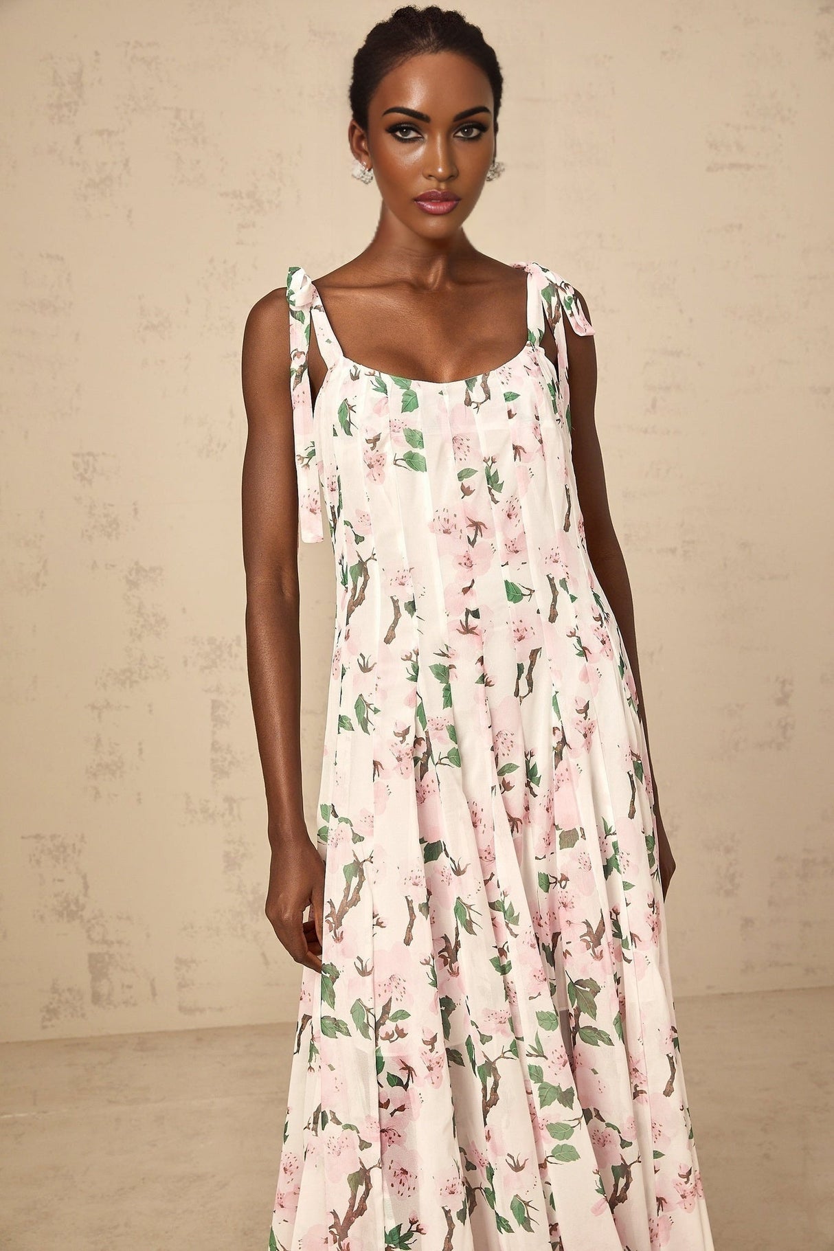 Catherine Floral Maxi Dress - Tie - Fastening Straps - Square Neck - Pleated Design - Cinched Waist