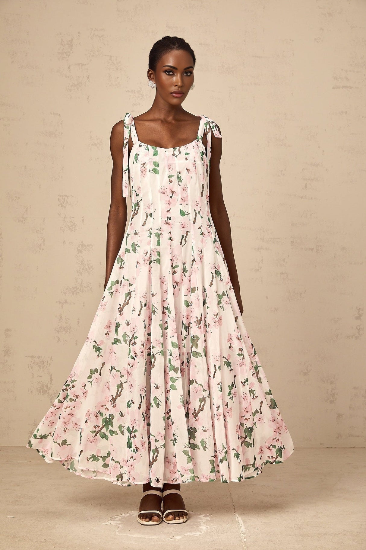Catherine Floral Maxi Dress - Tie - Fastening Straps - Square Neck - Pleated Design - Cinched Waist