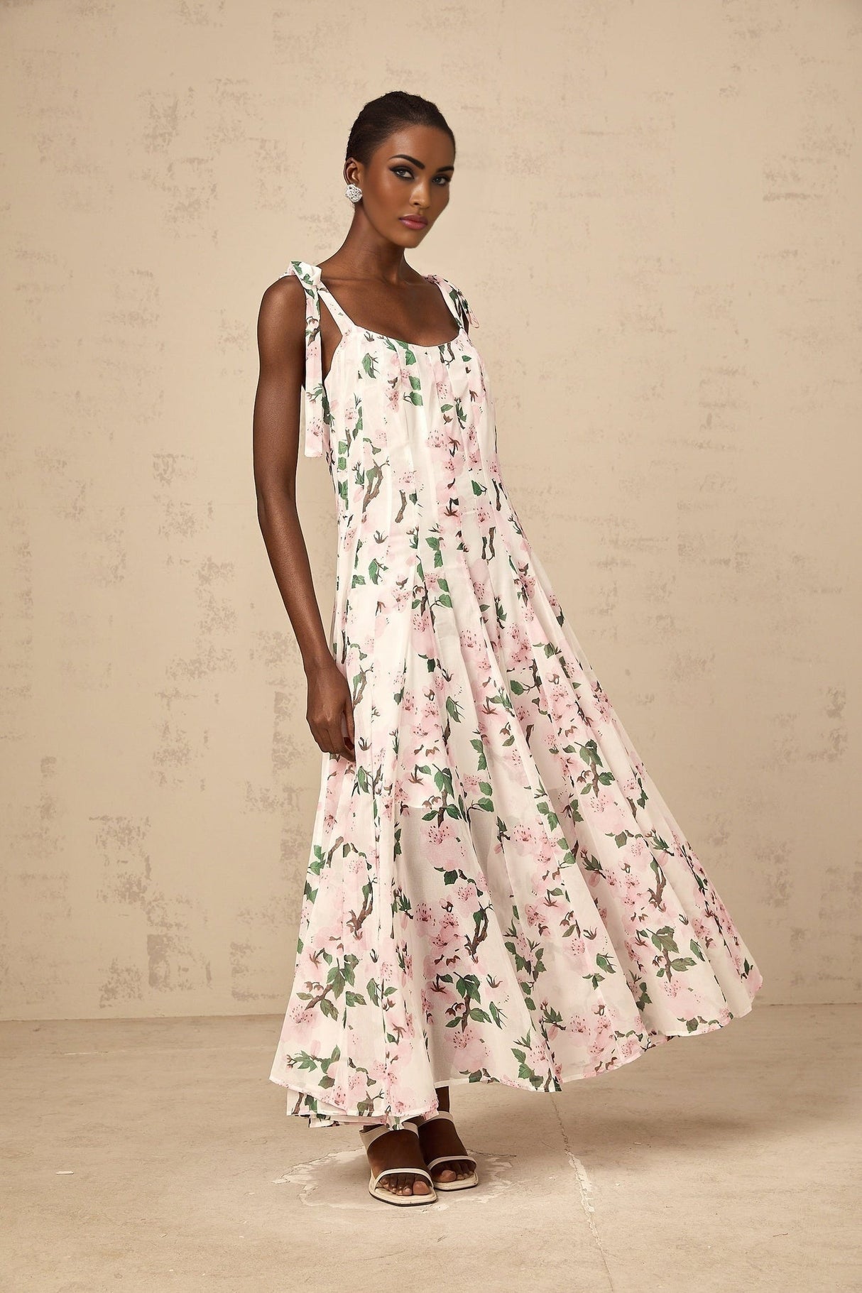 Catherine Floral Maxi Dress - Tie - Fastening Straps - Square Neck - Pleated Design - Cinched Waist