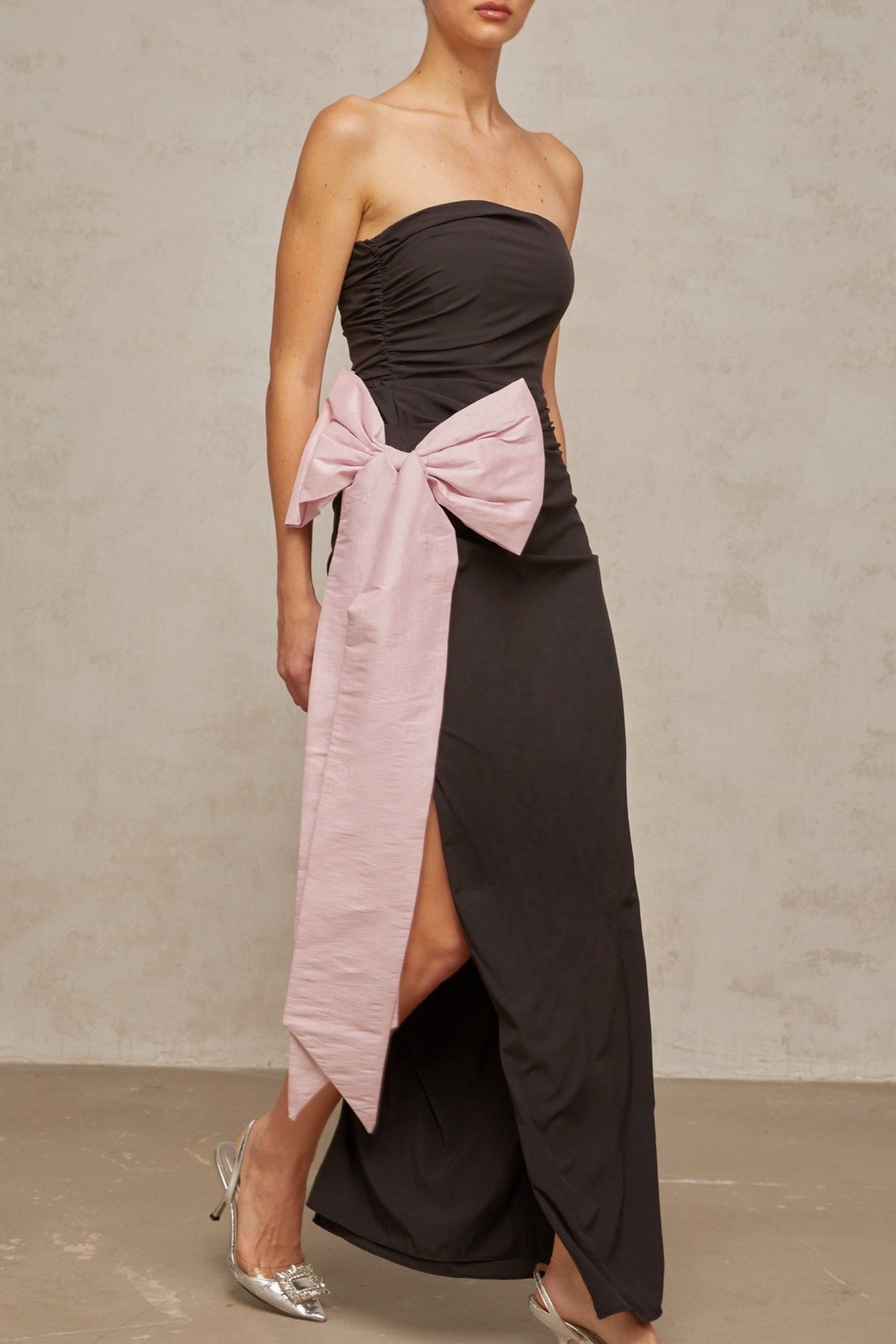 Catherine Maxi Dress - Off - Shoulder Sleeveless Style - Fitted Silhouette - Bow Detail and Side Slit