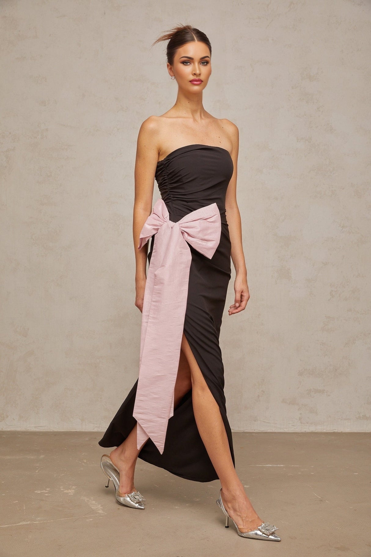 Catherine Maxi Dress - Off - Shoulder Sleeveless Style - Fitted Silhouette - Bow Detail and Side Slit