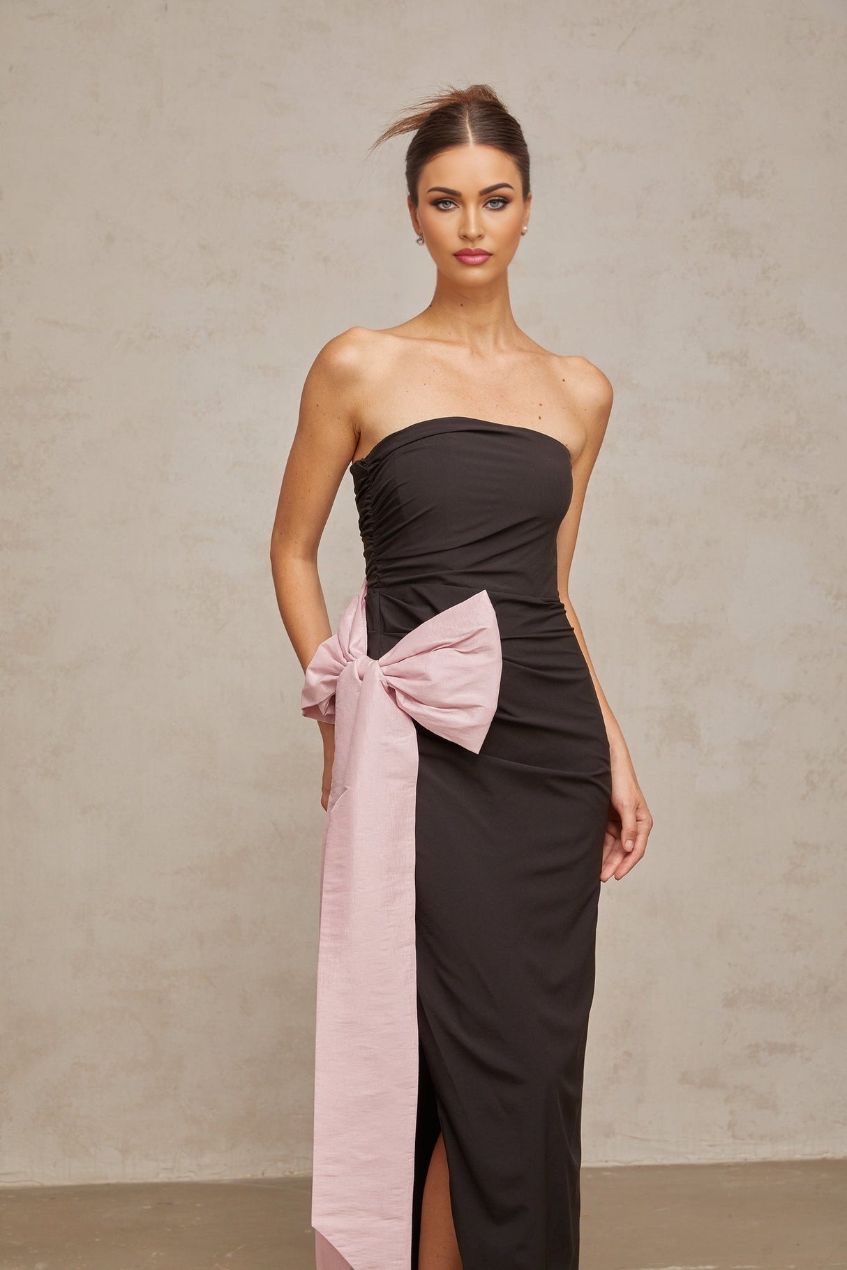 Catherine Maxi Dress - Off - Shoulder Sleeveless Style - Fitted Silhouette - Bow Detail and Side Slit