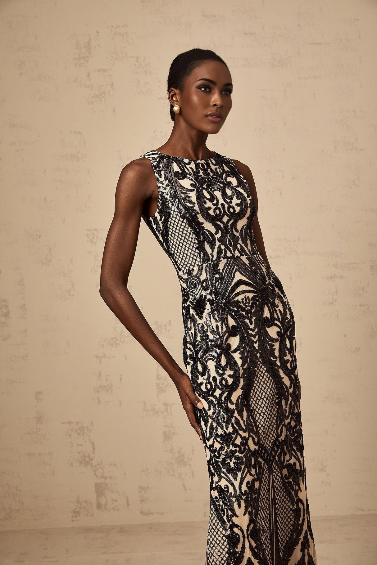Catherine Maxi Dress - Sleeveless with Boat Neck - Fitted Silhouette - Sequin - Embellished with Mesh and Paisley Jacquard