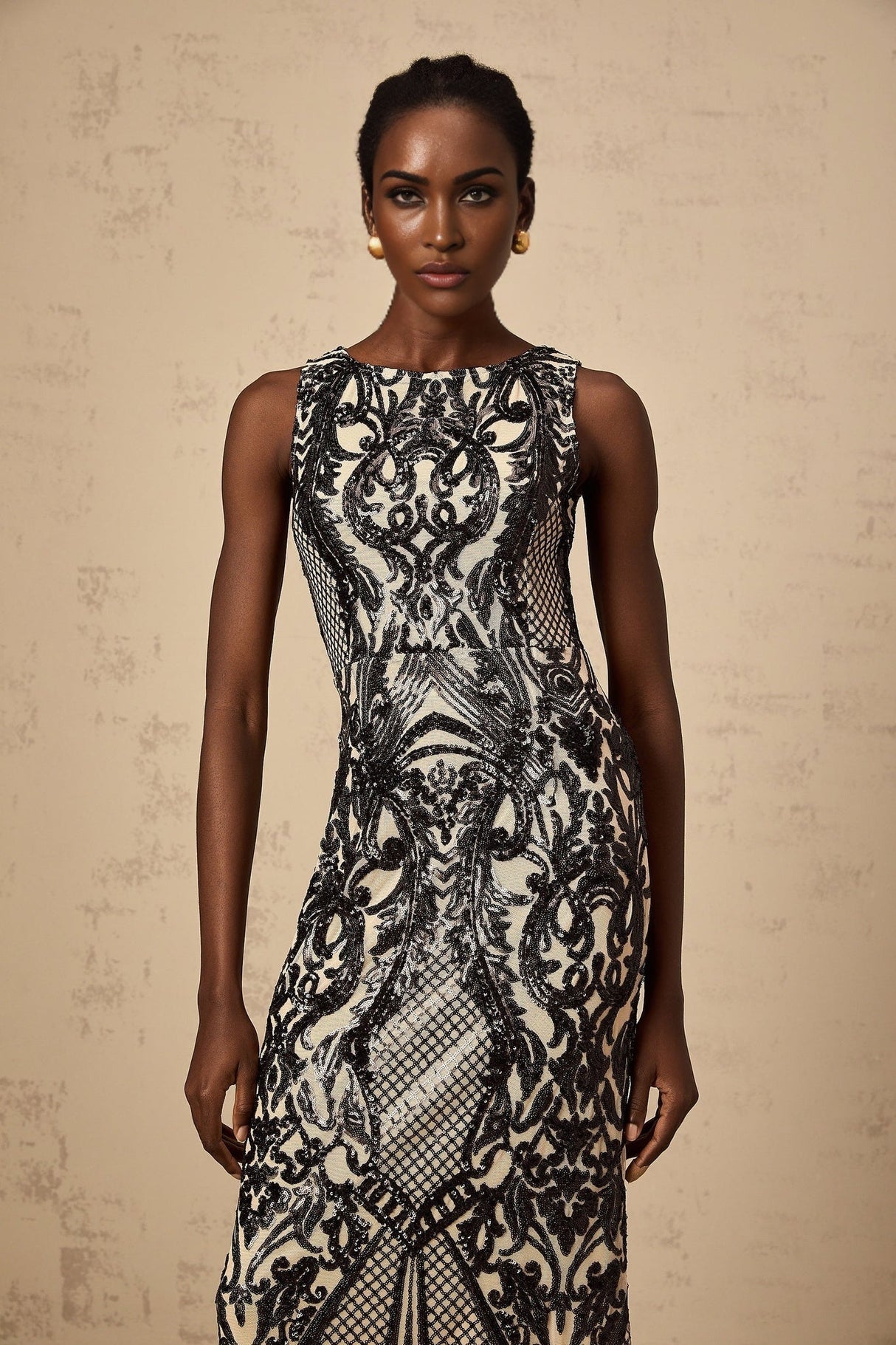 Catherine Maxi Dress - Sleeveless with Boat Neck - Fitted Silhouette - Sequin - Embellished with Mesh and Paisley Jacquard
