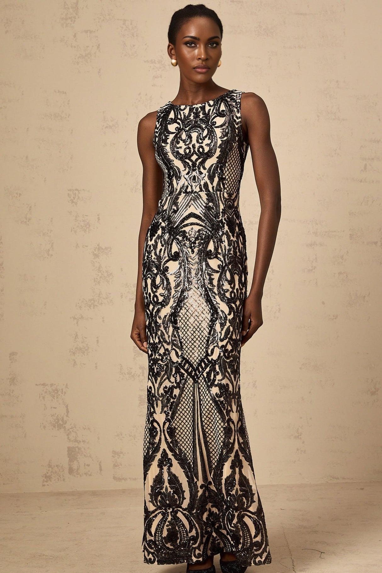 Catherine Maxi Dress - Sleeveless with Boat Neck - Fitted Silhouette - Sequin - Embellished with Mesh and Paisley Jacquard