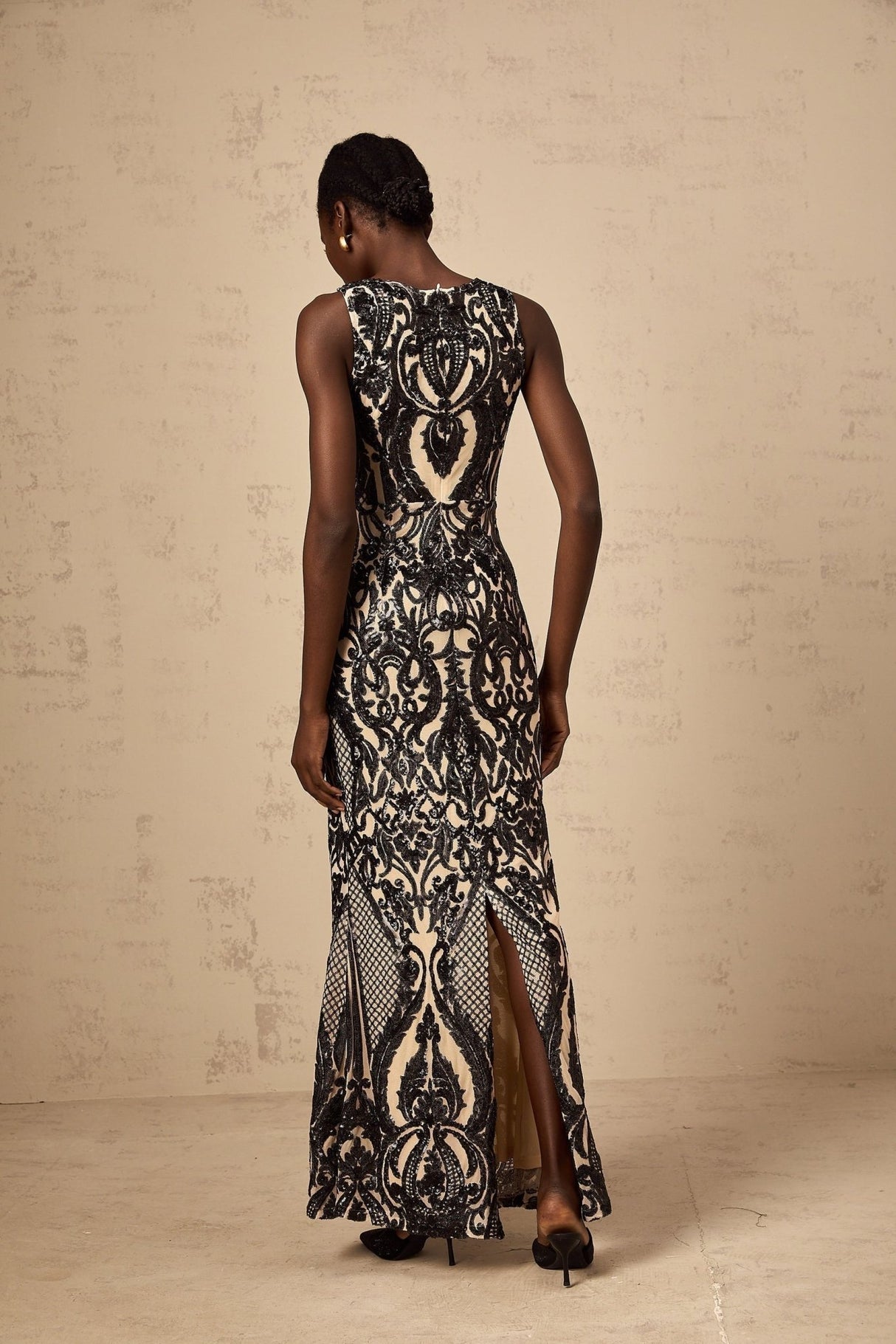 Catherine Maxi Dress - Sleeveless with Boat Neck - Fitted Silhouette - Sequin - Embellished with Mesh and Paisley Jacquard