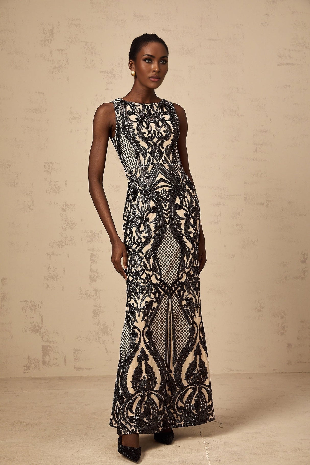 Catherine Maxi Dress - Sleeveless with Boat Neck - Fitted Silhouette - Sequin - Embellished with Mesh and Paisley Jacquard