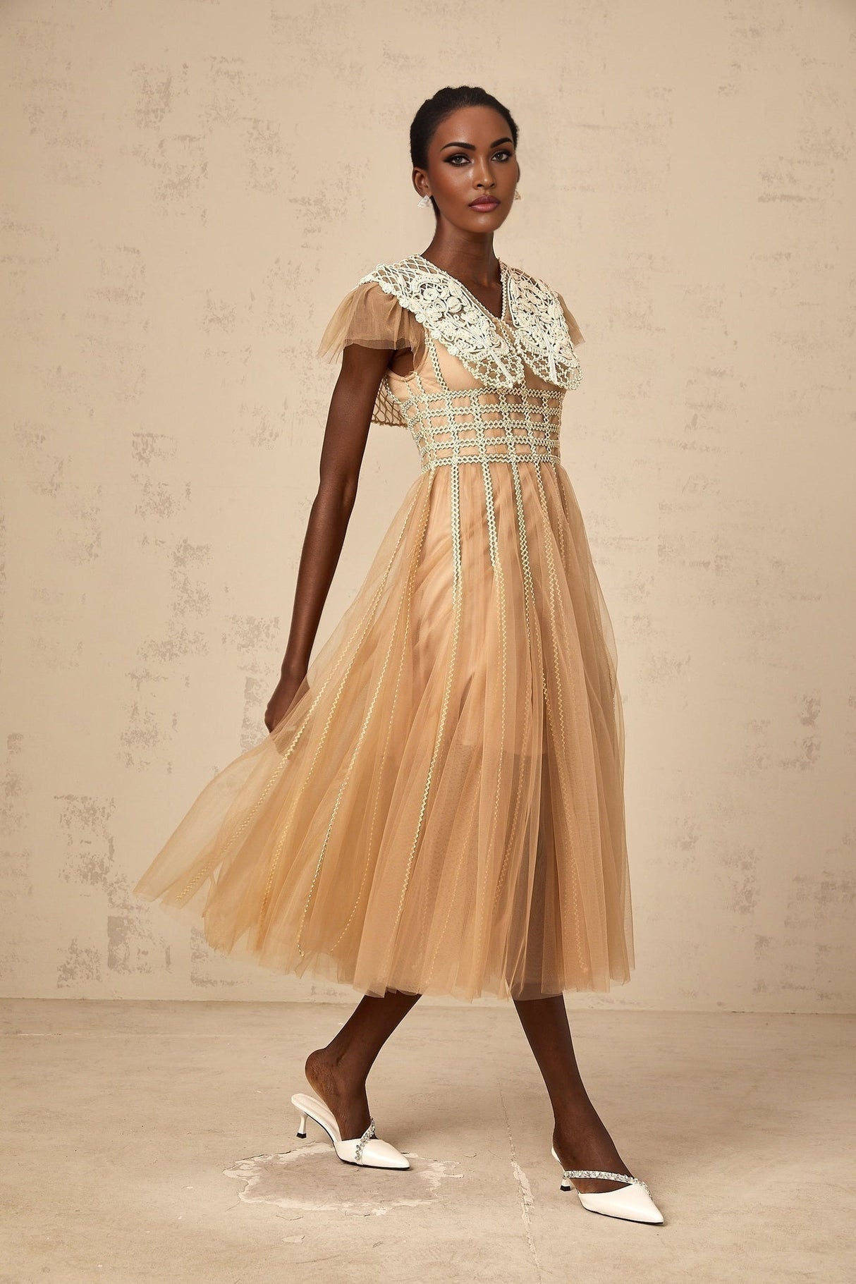 Catherine Midi Dress – Tulle – V Neck – Lace Panelling