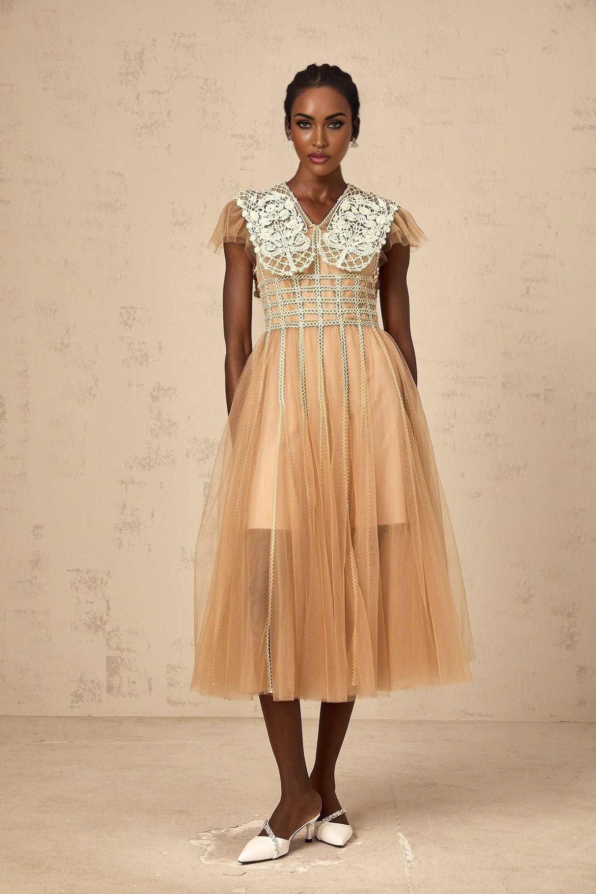 Catherine Midi Dress – Tulle – V Neck – Lace Panelling