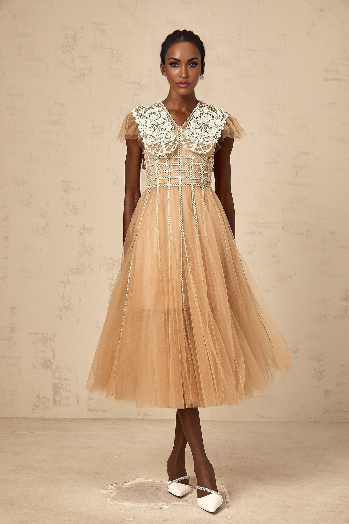 Catherine Midi Dress – Tulle – V Neck – Lace Panelling