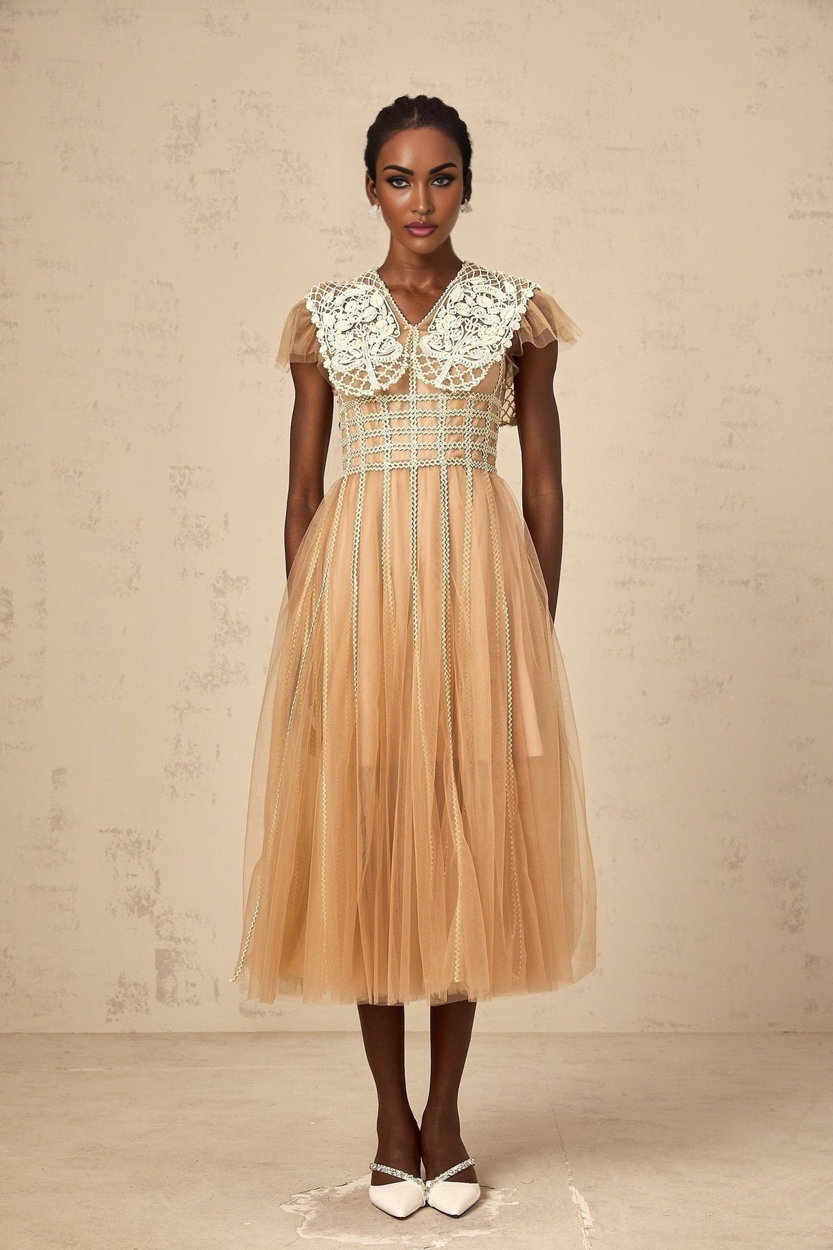 Catherine Midi Dress – Tulle – V Neck – Lace Panelling