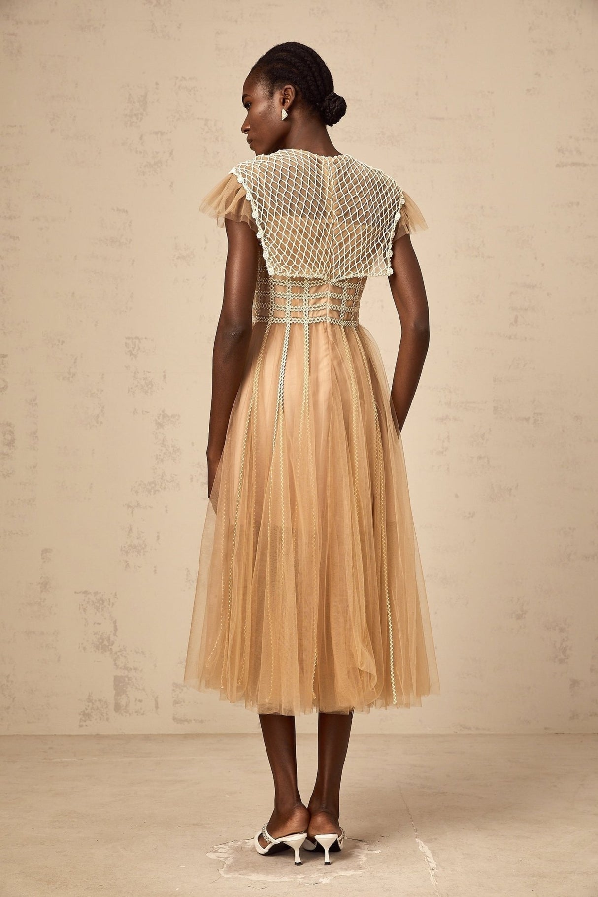 Catherine Midi Dress – Tulle – V Neck – Lace Panelling