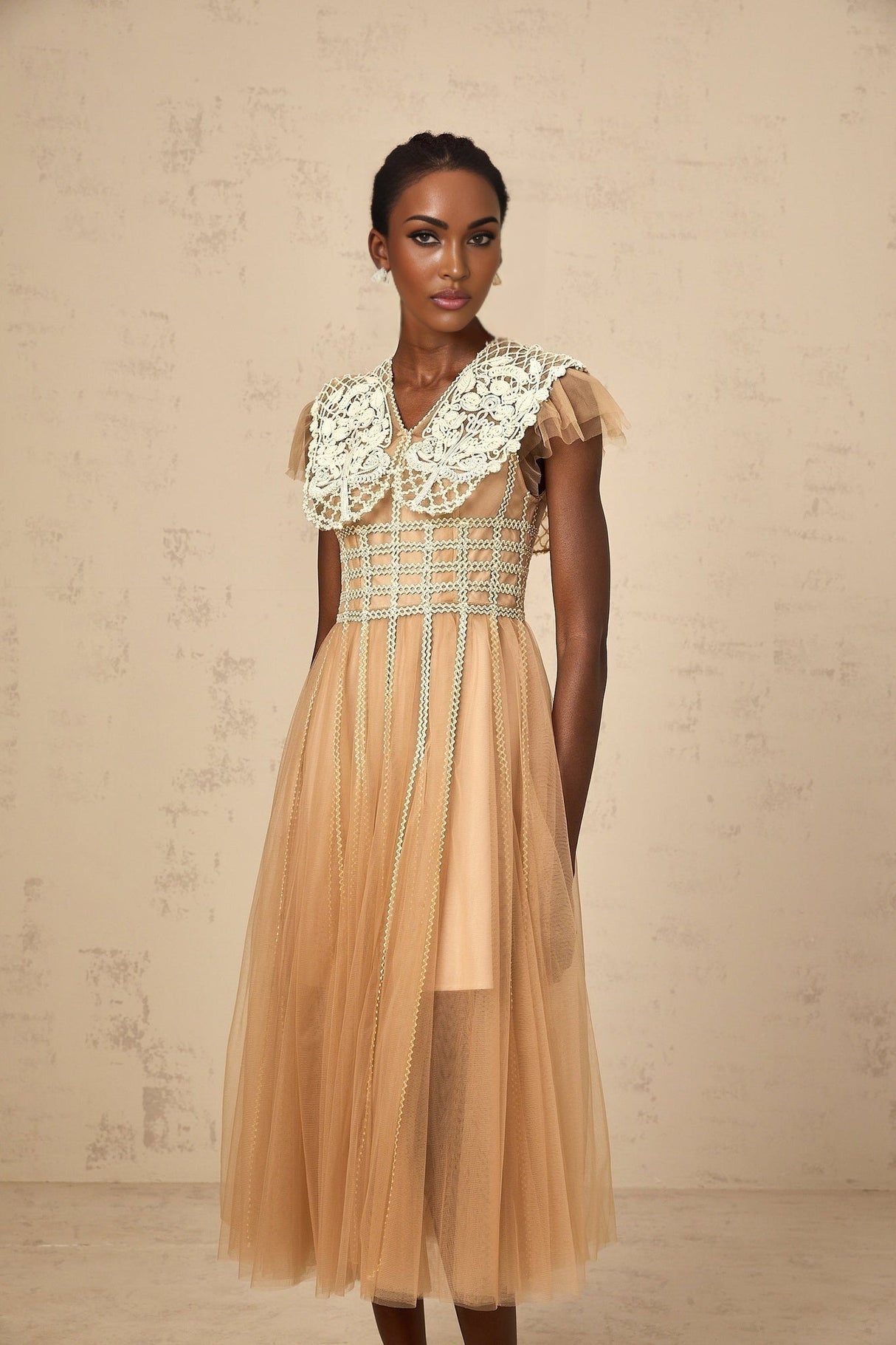 Catherine Midi Dress – Tulle – V Neck – Lace Panelling