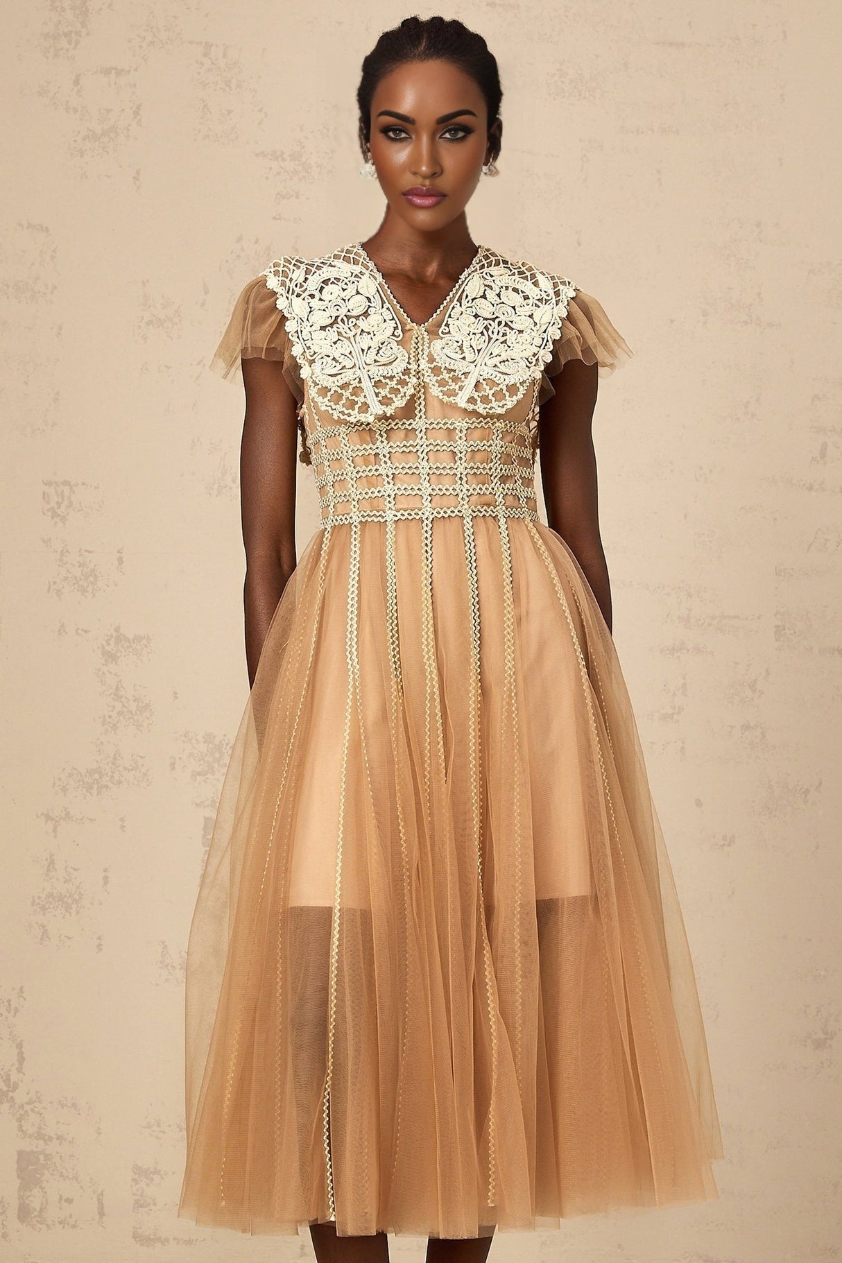 Catherine Midi Dress – Tulle – V Neck – Lace Panelling