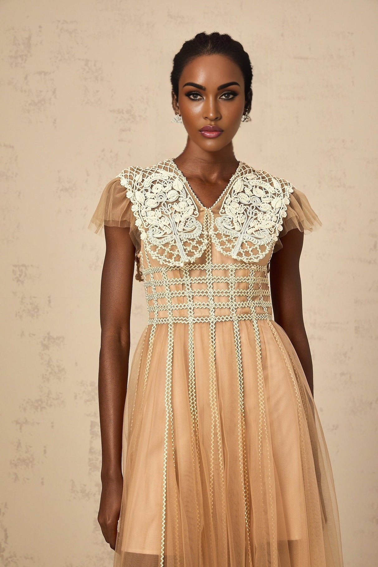 Catherine Midi Dress – Tulle – V Neck – Lace Panelling