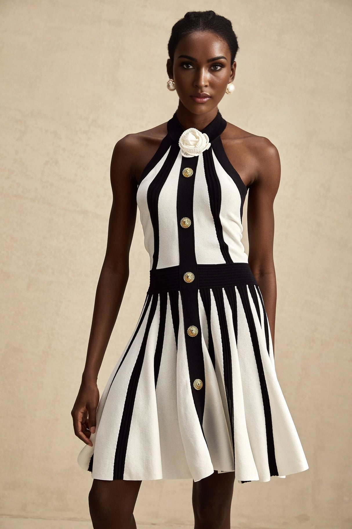 Catherine Mini Dress - Sleeveless Round Neckline Button Detail Open Back Floral Appliqu