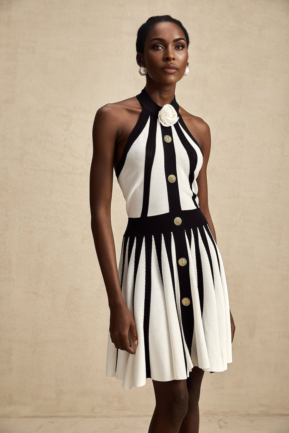 Catherine Mini Dress - Sleeveless Round Neckline Button Detail Open Back Floral Appliqu