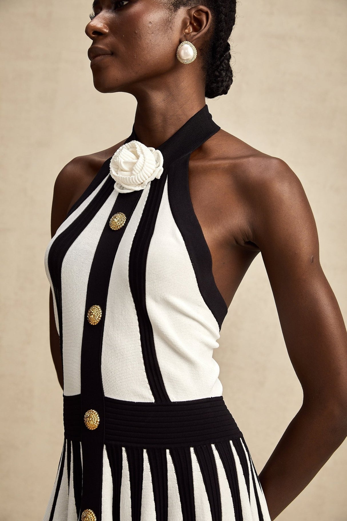 Catherine Mini Dress - Sleeveless Round Neckline Button Detail Open Back Floral Appliqu